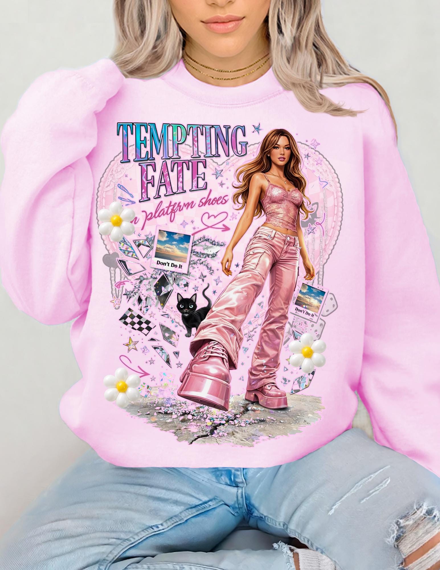 Y2K Pop Girl Platform Shoes Tempting Fate Crewneck Sweatshirt Retro Alt Streetwear