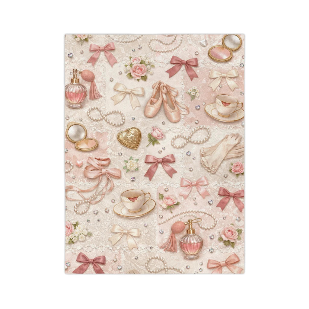 Ballet Accessories Pattern Velveteen Microfiber Blanket | Shoes Ribbons Perfume Pink Floral Vintage Gift Girly Bedroom Decor
