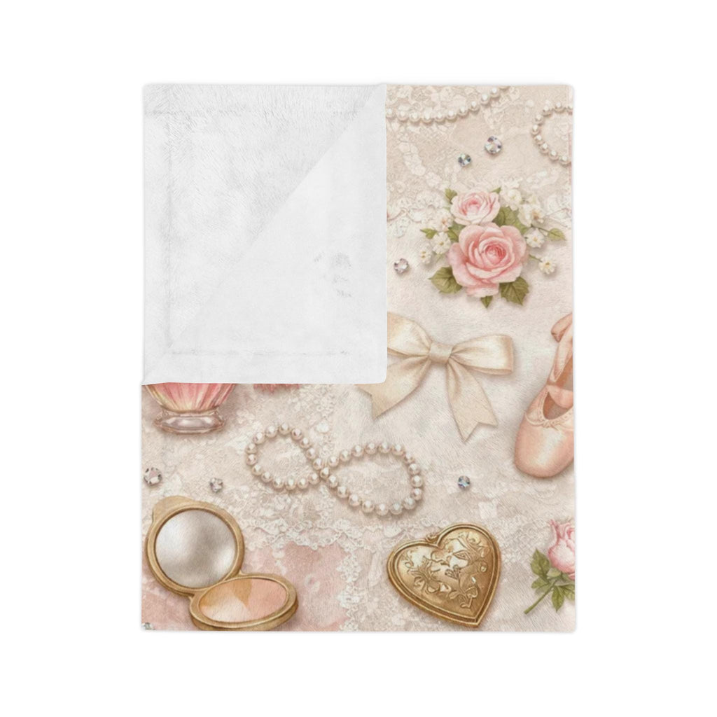 Ballet Accessories Pattern Velveteen Microfiber Blanket | Shoes Ribbons Perfume Pink Floral Vintage Gift Girly Bedroom Decor
