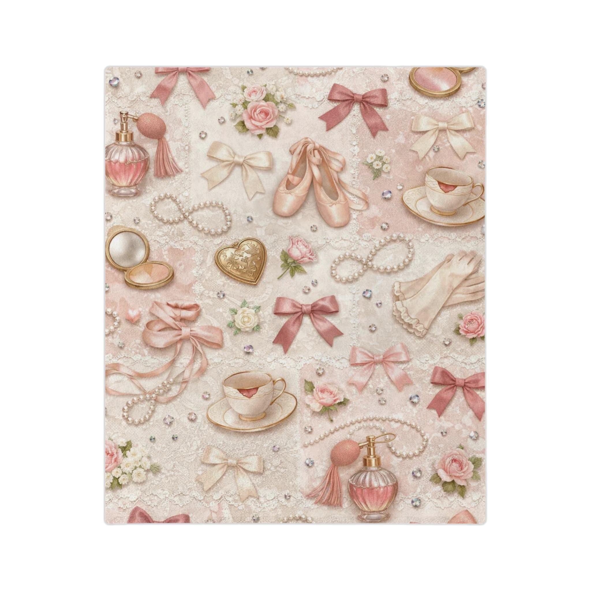 Ballet Accessories Pattern Velveteen Microfiber Blanket | Shoes Ribbons Perfume Pink Floral Vintage Gift Girly Bedroom Decor