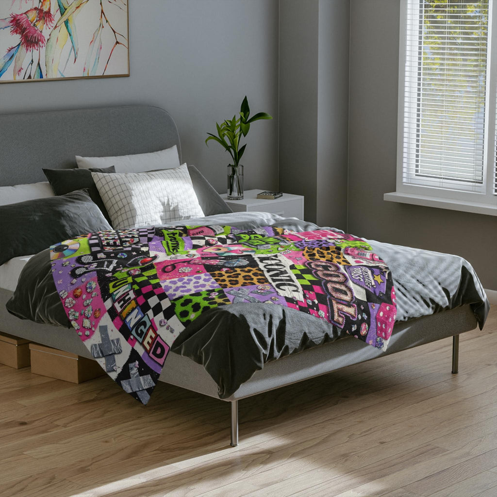 Y2K Patchwork Collage Velveteen Microfiber Blanket | Girl Power Iconic Neon Leopard Throw Teen Bedroom Retro Aesthetic