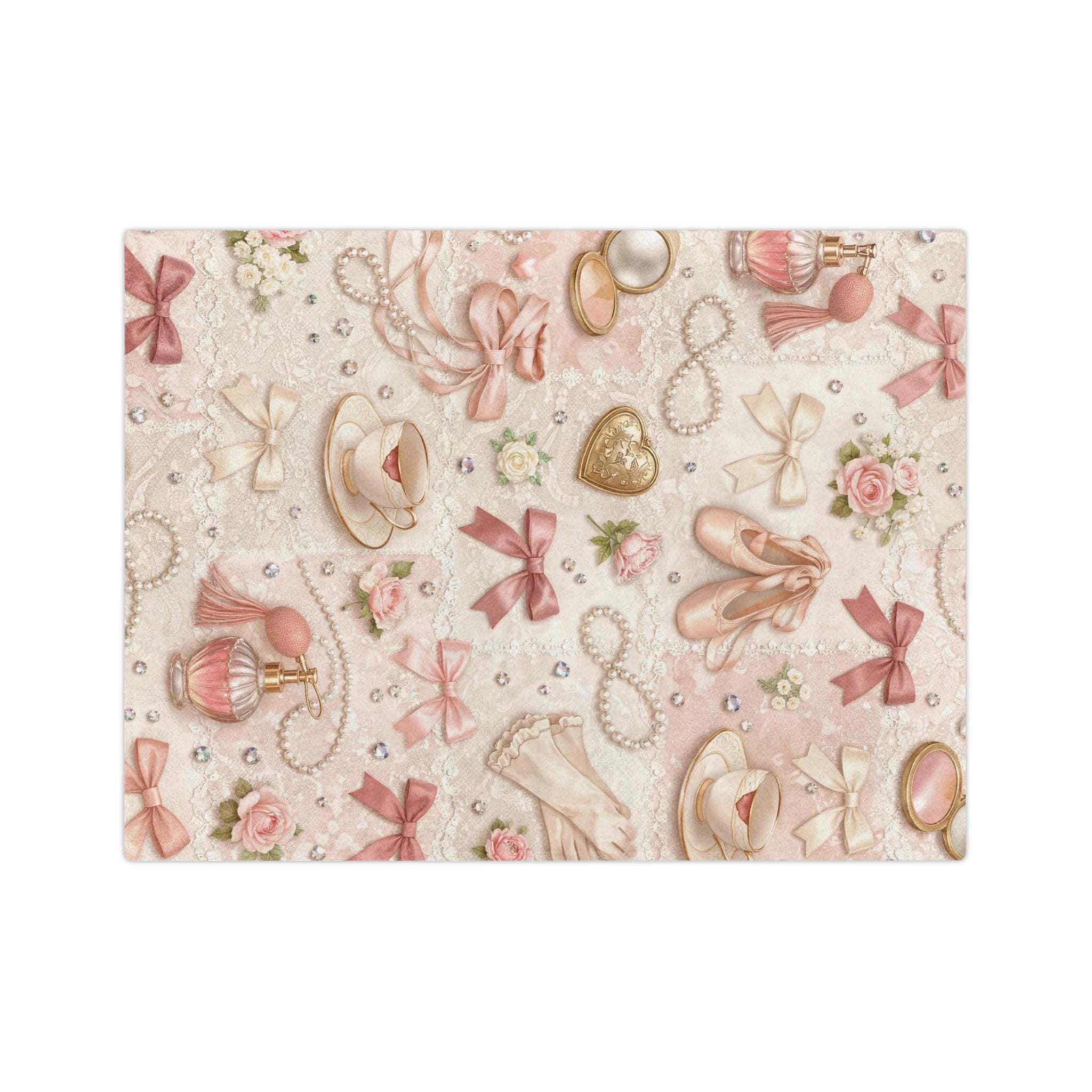 Ballet Accessories Pattern Velveteen Microfiber Blanket | Shoes Ribbons Perfume Pink Floral Vintage Gift Girly Bedroom Decor