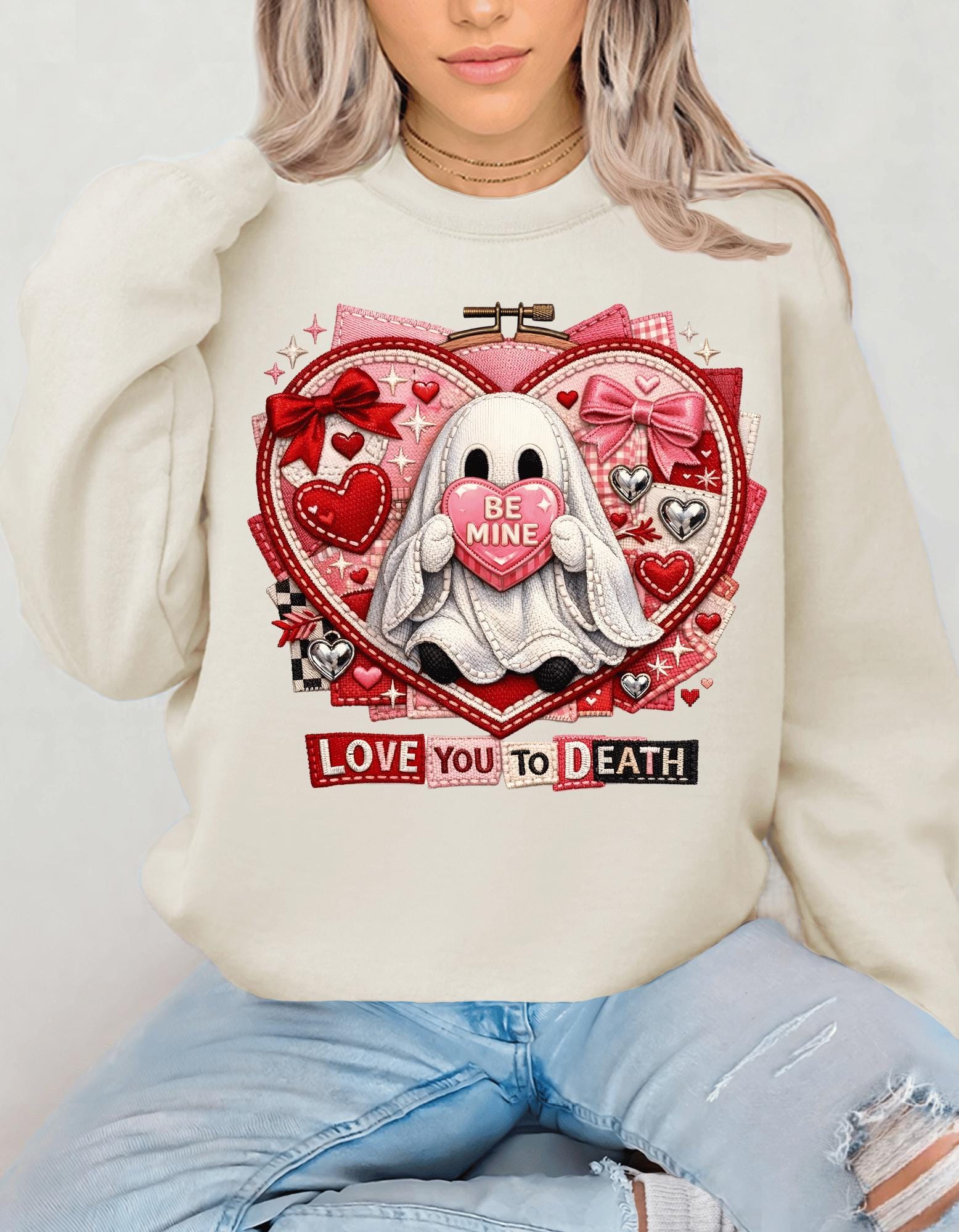 Ghost Holding Heart Love You To Death Sweatshirt Valentine Gothic Spooky Unisex Crewneck Gift
