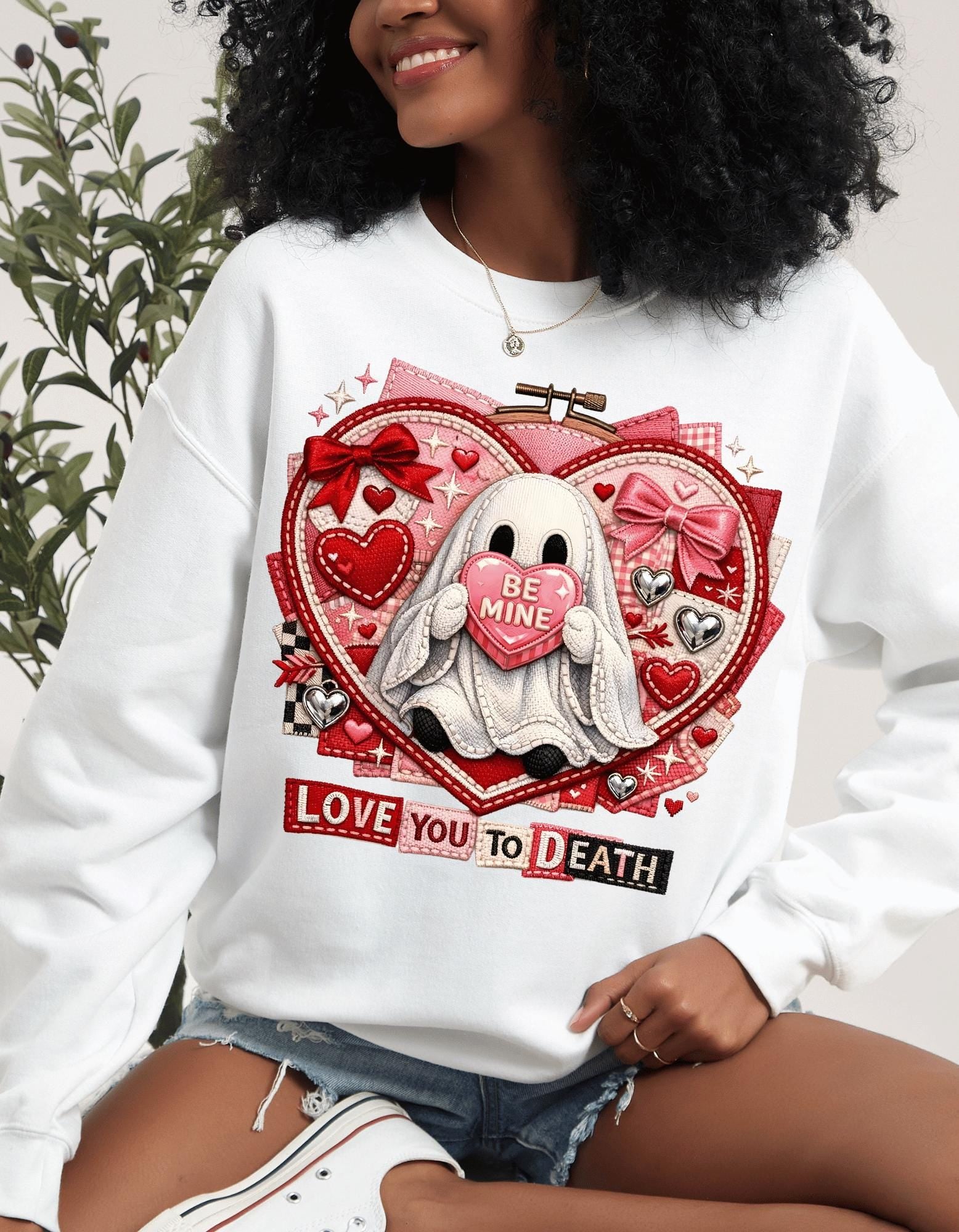 Ghost Holding Heart Love You To Death Sweatshirt Valentine Gothic Spooky Unisex Crewneck Gift