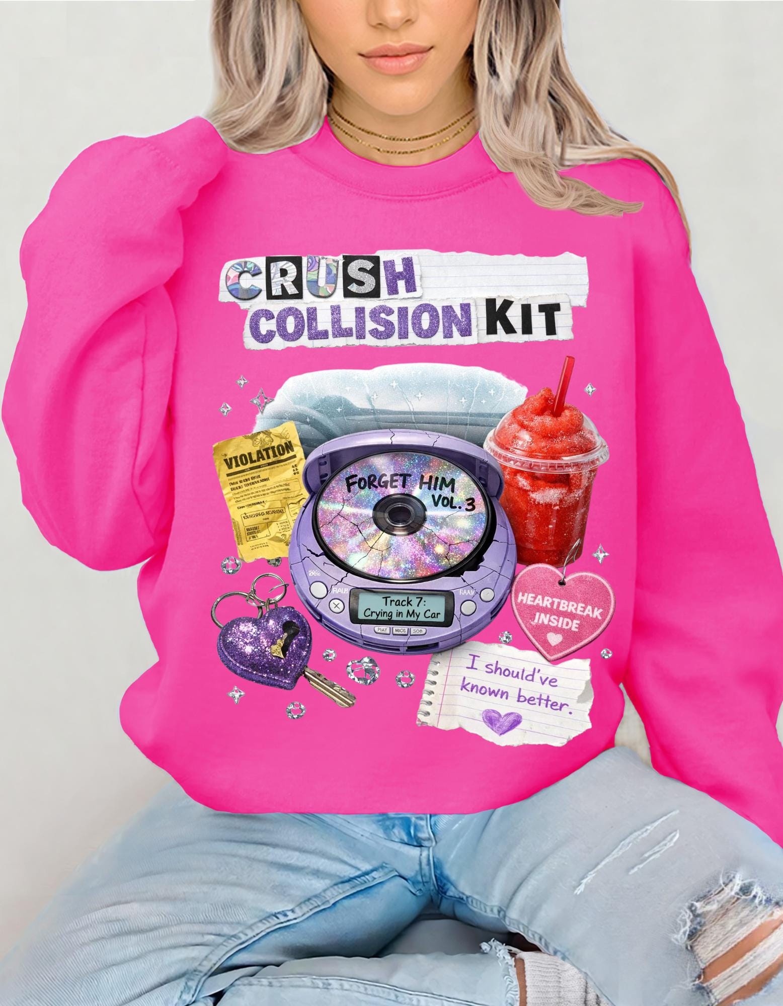 Crush Collision Kit Sweatshirt | Retro Collage Heart Locket Slushie Cassette Aesthetic Pullover