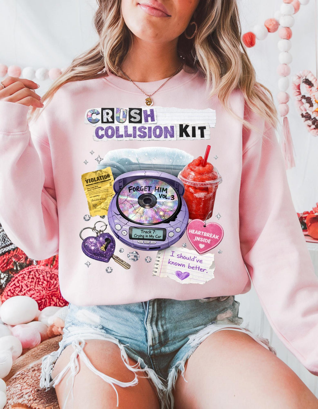 Crush Collision Kit Sweatshirt | Retro Collage Heart Locket Slushie Cassette Aesthetic Pullover
