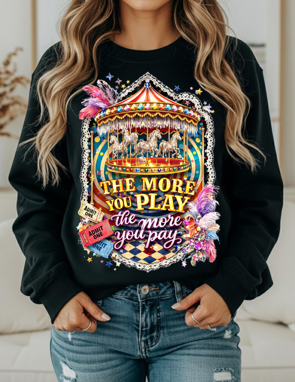 Funhouse Showgirl Crewneck Sweatshirt – Burlesque Graphic Top