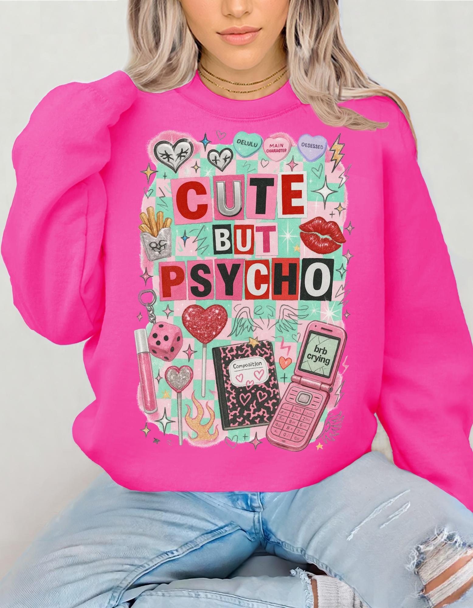 Cute But Psycho Sweatshirt Pastel Kawaii Collage Graphic Crewneck Sweater Aesthetic Funny Retro Art