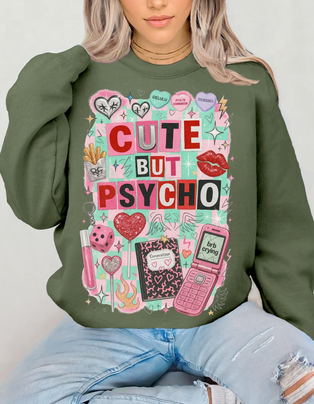 Cute But Psycho Sweatshirt Pastel Kawaii Collage Graphic Crewneck Sweater Aesthetic Funny Retro Art