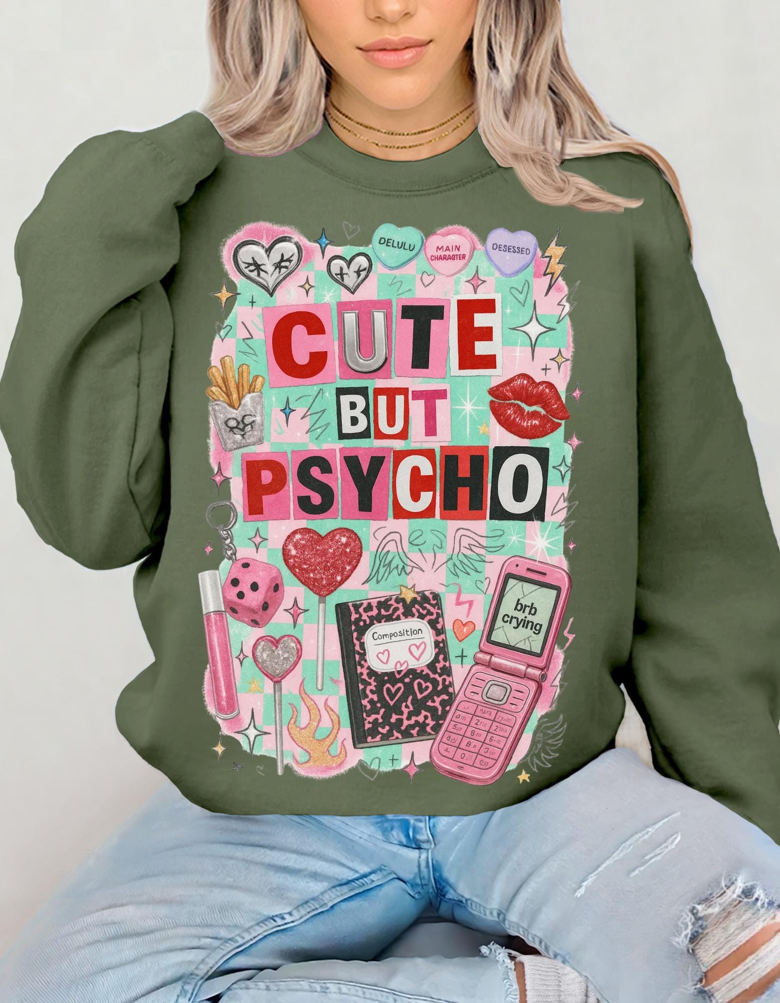Cute But Psycho Sweatshirt Pastel Kawaii Collage Graphic Crewneck Sweater Aesthetic Funny Retro Art