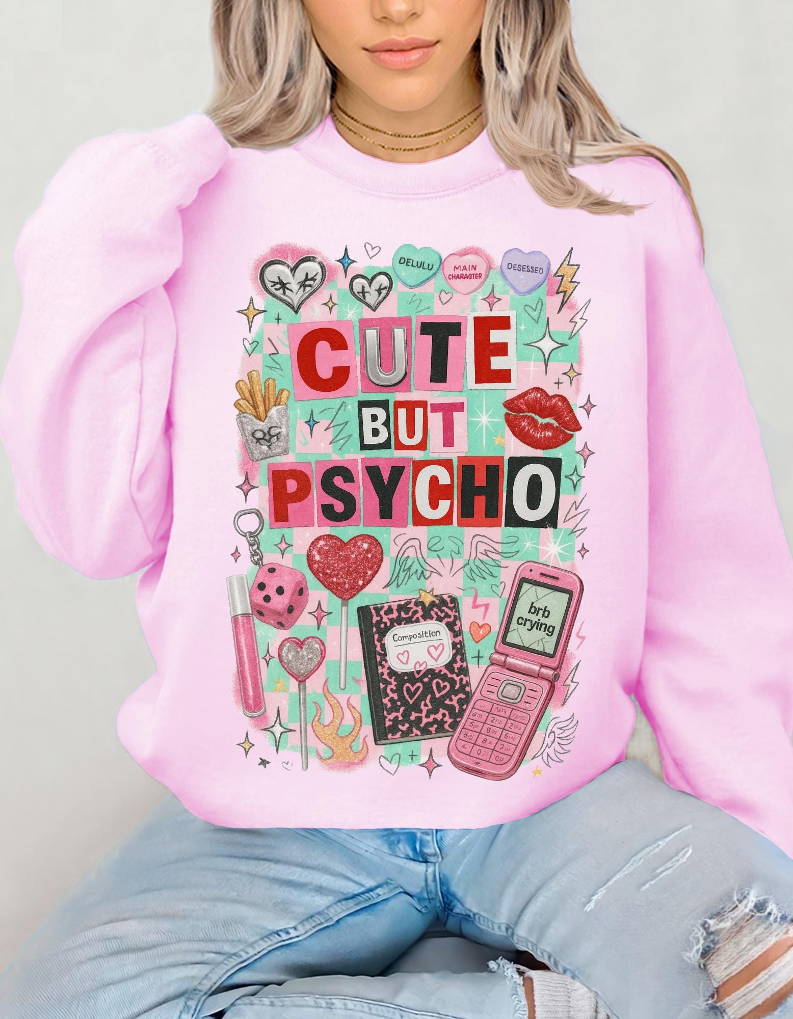 Cute But Psycho Sweatshirt Pastel Kawaii Collage Graphic Crewneck Sweater Aesthetic Funny Retro Art