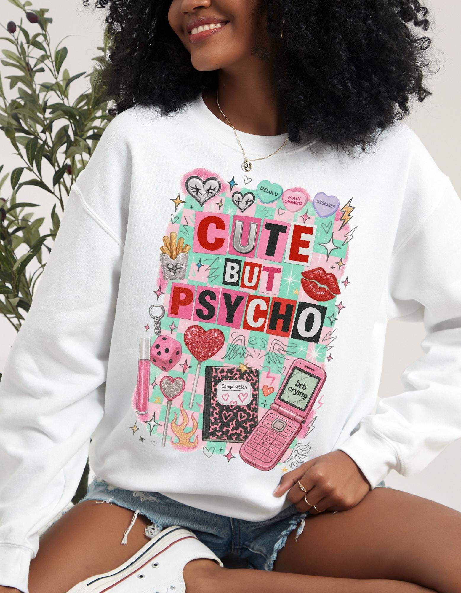 Cute But Psycho Sweatshirt Pastel Kawaii Collage Graphic Crewneck Sweater Aesthetic Funny Retro Art