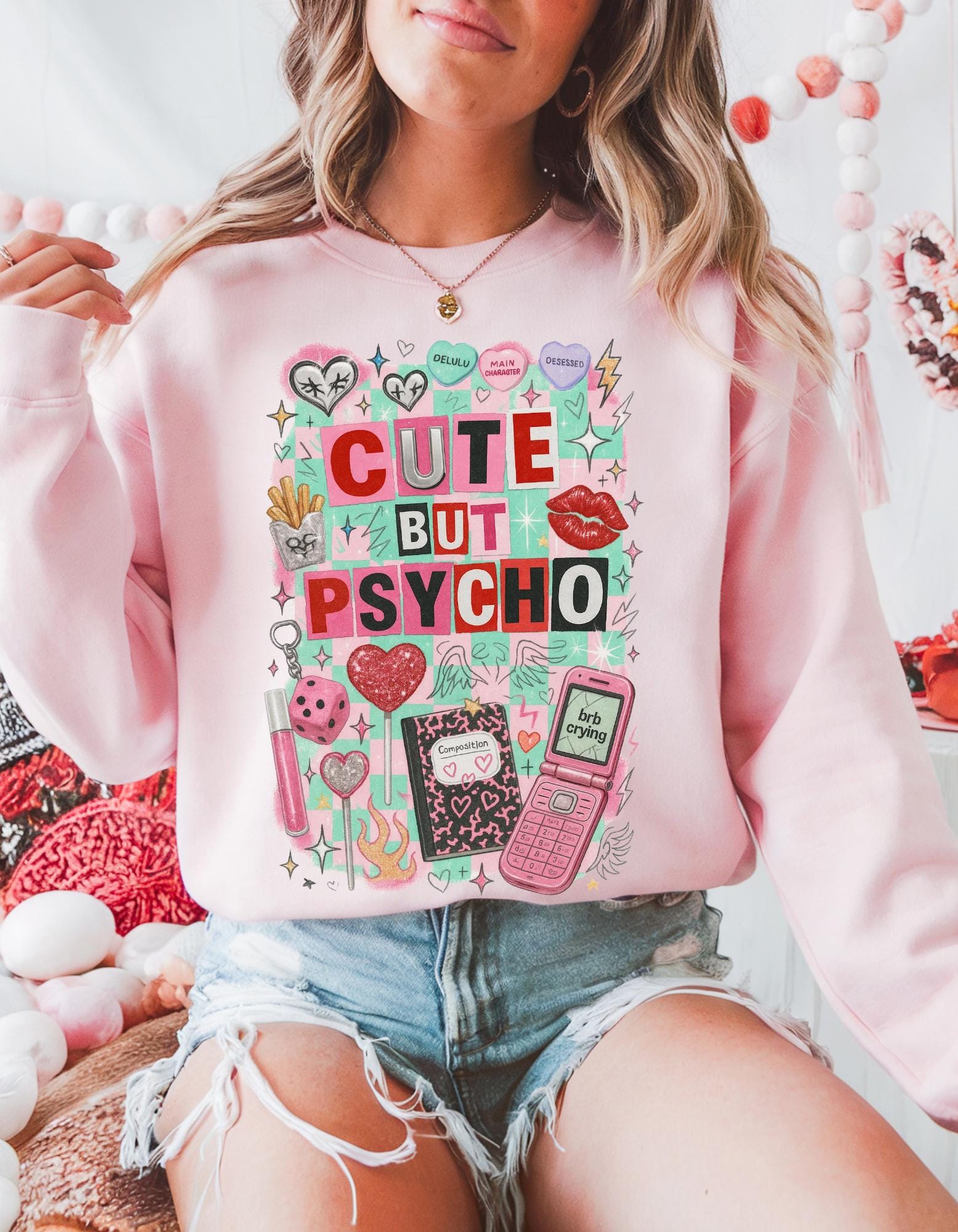 Cute But Psycho Sweatshirt Pastel Kawaii Collage Graphic Crewneck Sweater Aesthetic Funny Retro Art