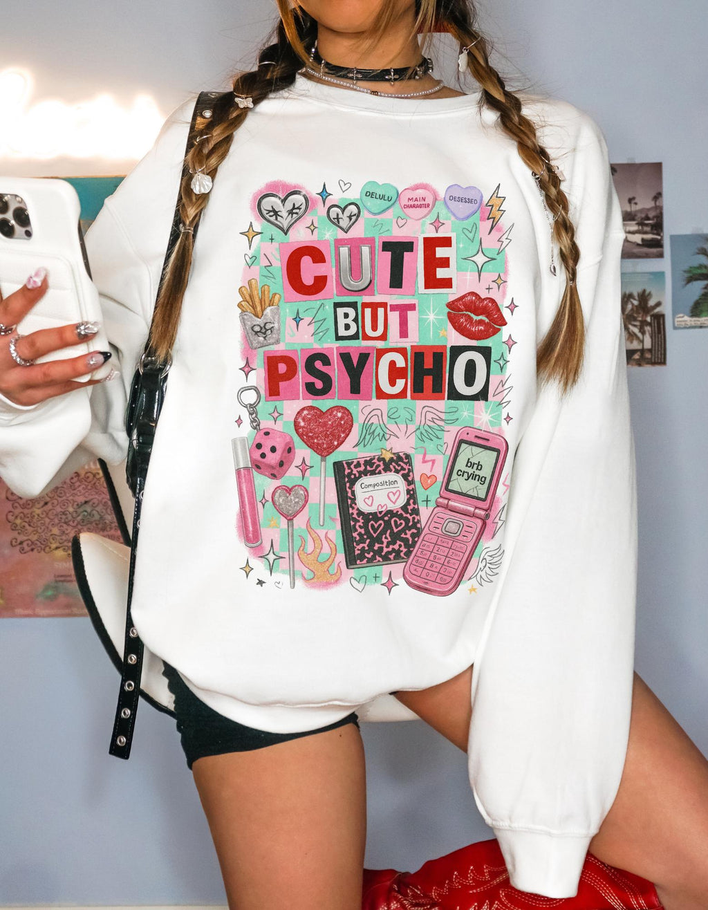 Cute But Psycho Sweatshirt Pastel Kawaii Collage Graphic Crewneck Sweater Aesthetic Funny Retro Art