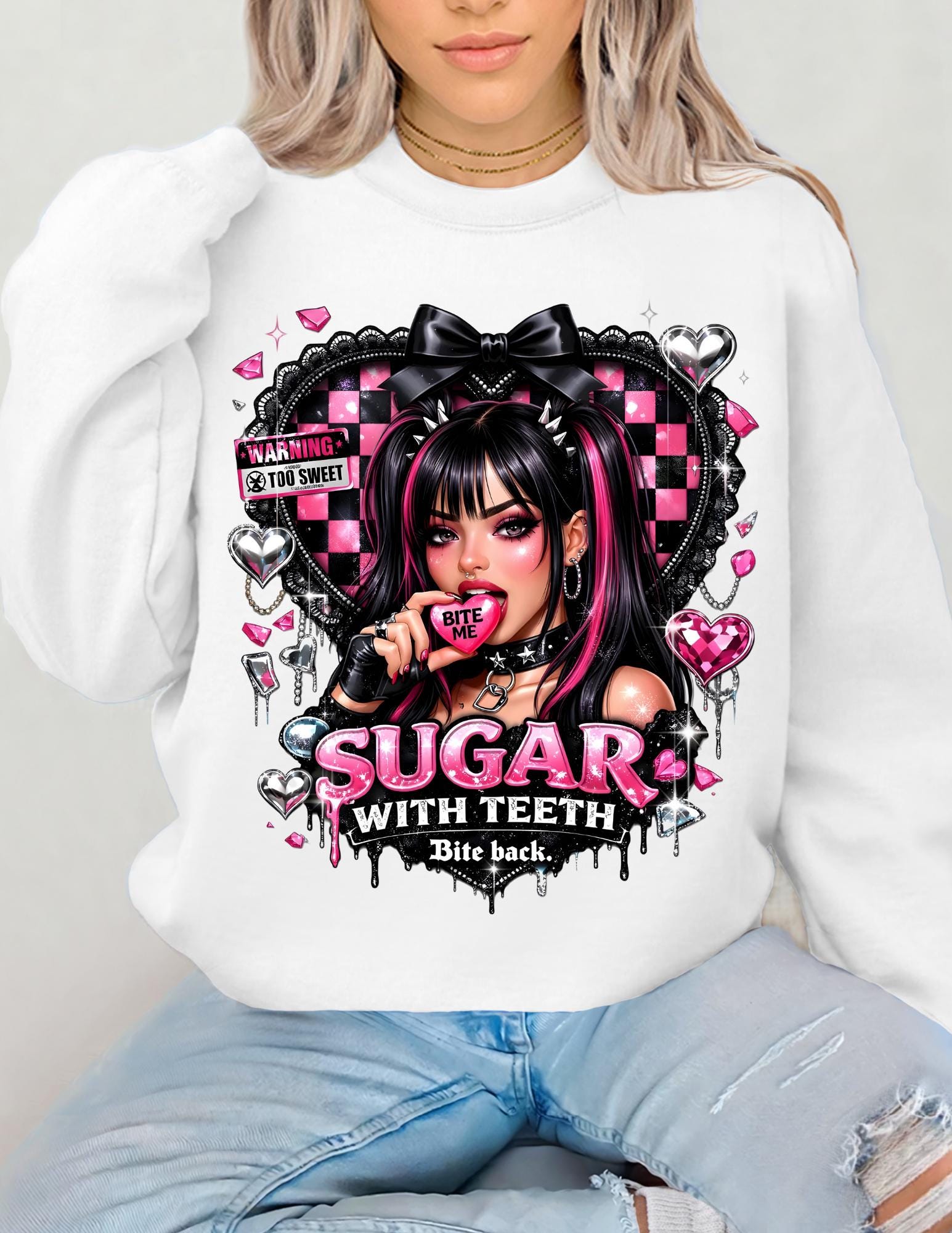 Sugar with Teeth Girl Illustration Sweatshirt Pink Goth Candy Heart Design Kawaii Alternative Fashion