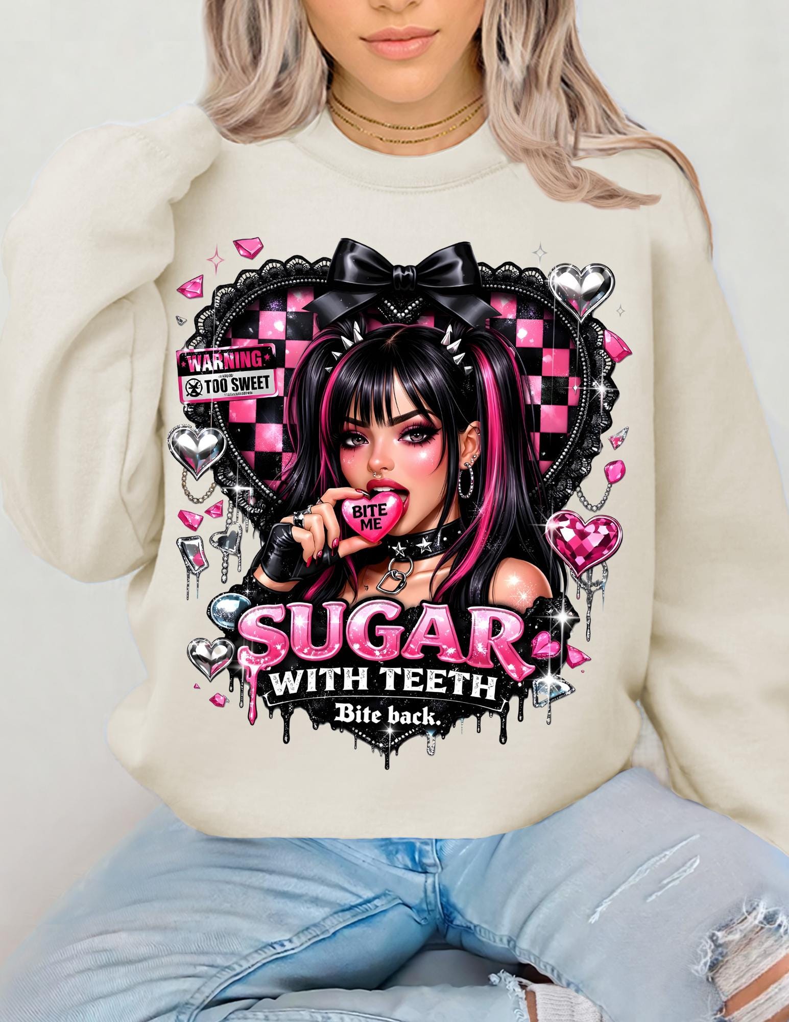 Sugar with Teeth Girl Illustration Sweatshirt Pink Goth Candy Heart Design Kawaii Alternative Fashion