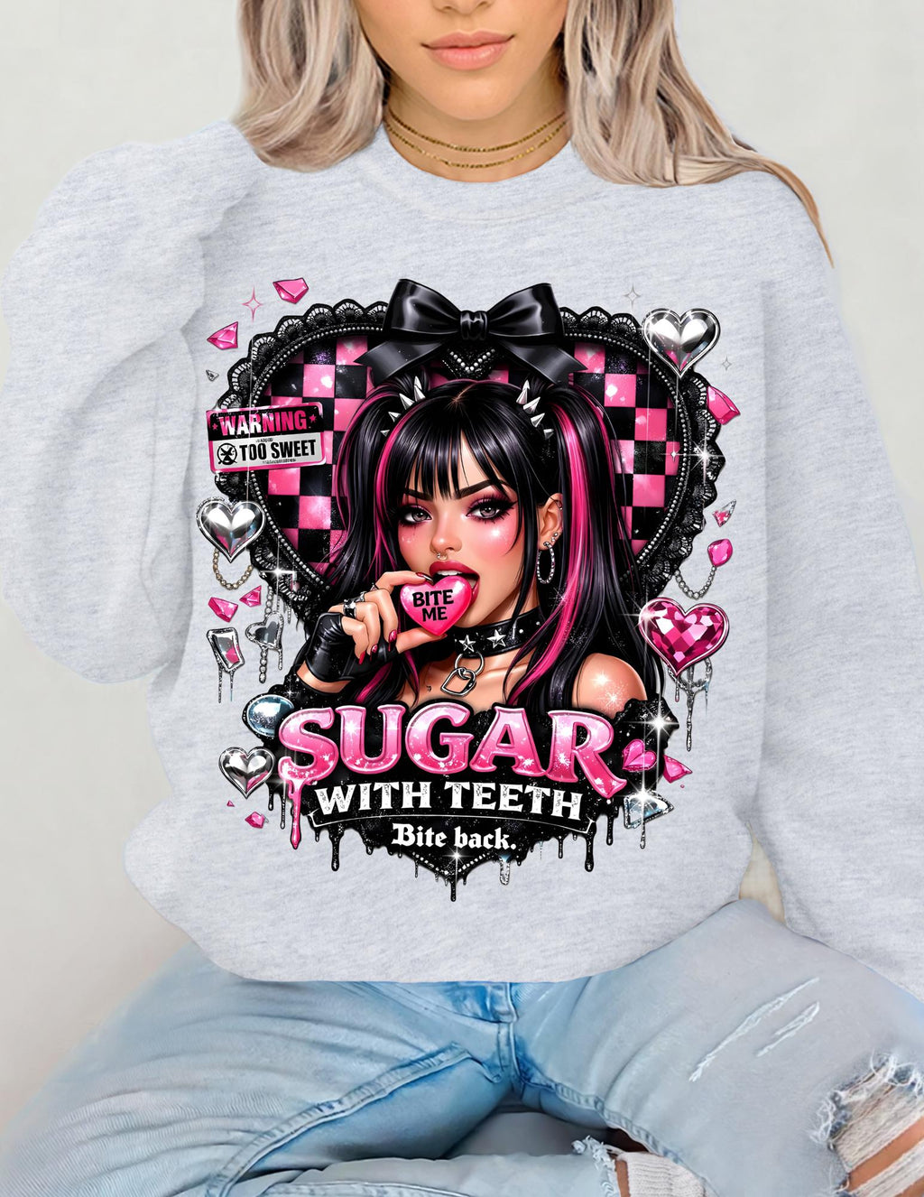Sugar with Teeth Girl Illustration Sweatshirt Pink Goth Candy Heart Design Kawaii Alternative Fashion