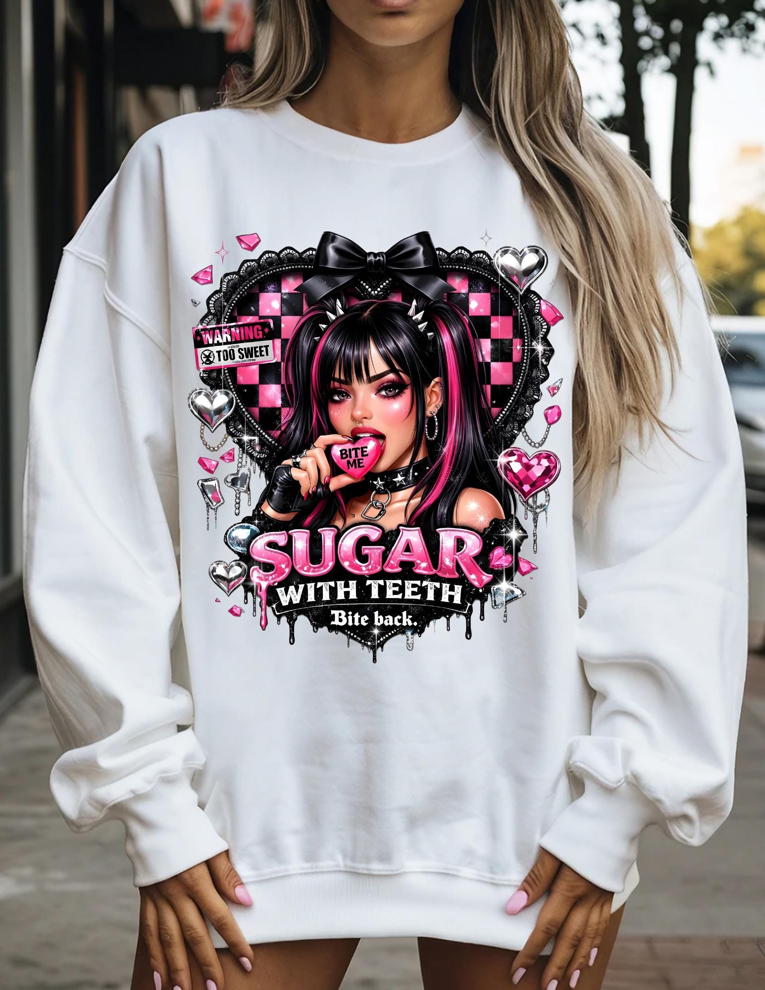 Sugar with Teeth Girl Illustration Sweatshirt Pink Goth Candy Heart Design Kawaii Alternative Fashion