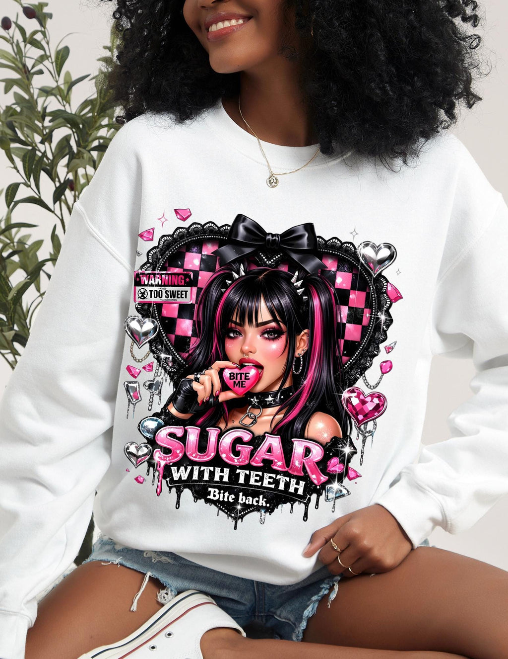 Sugar with Teeth Girl Illustration Sweatshirt Pink Goth Candy Heart Design Kawaii Alternative Fashion