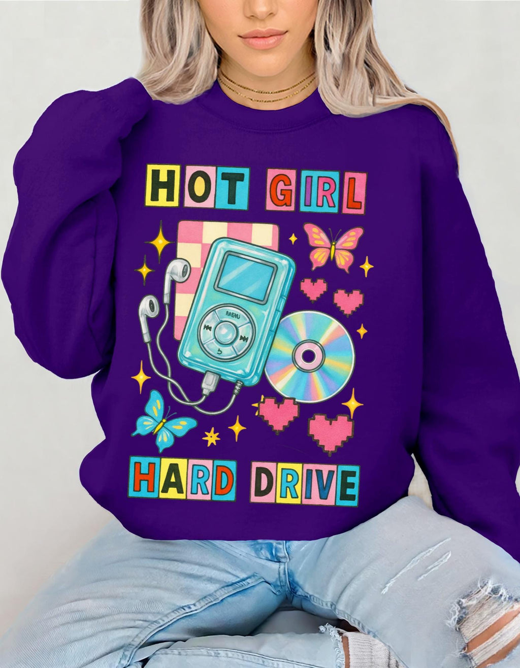 Hot Girl Hard Drive Crewneck Sweatshirt | Retro MP3 Player CD Butterflies Graphic Streetwear