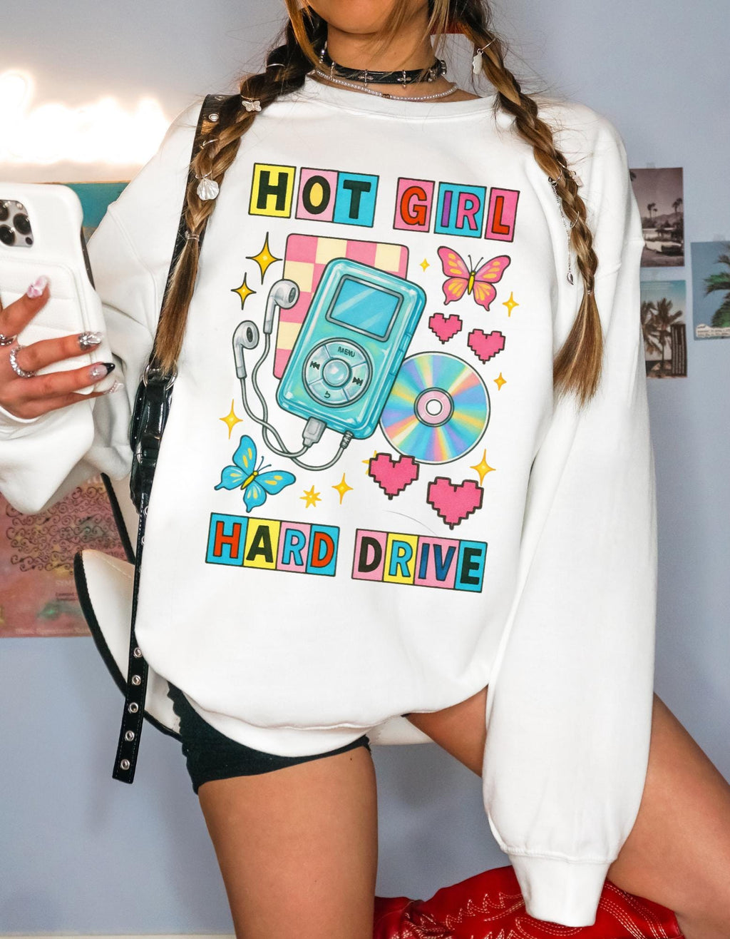 Hot Girl Hard Drive Crewneck Sweatshirt | Retro MP3 Player CD Butterflies Graphic Streetwear