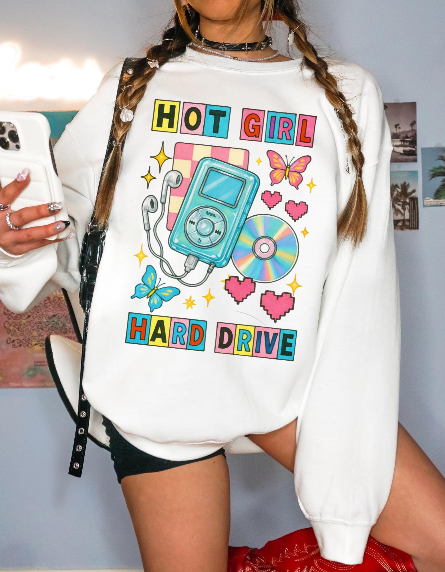 Hot Girl Hard Drive Crewneck Sweatshirt | Retro MP3 Player CD Butterflies Graphic Streetwear