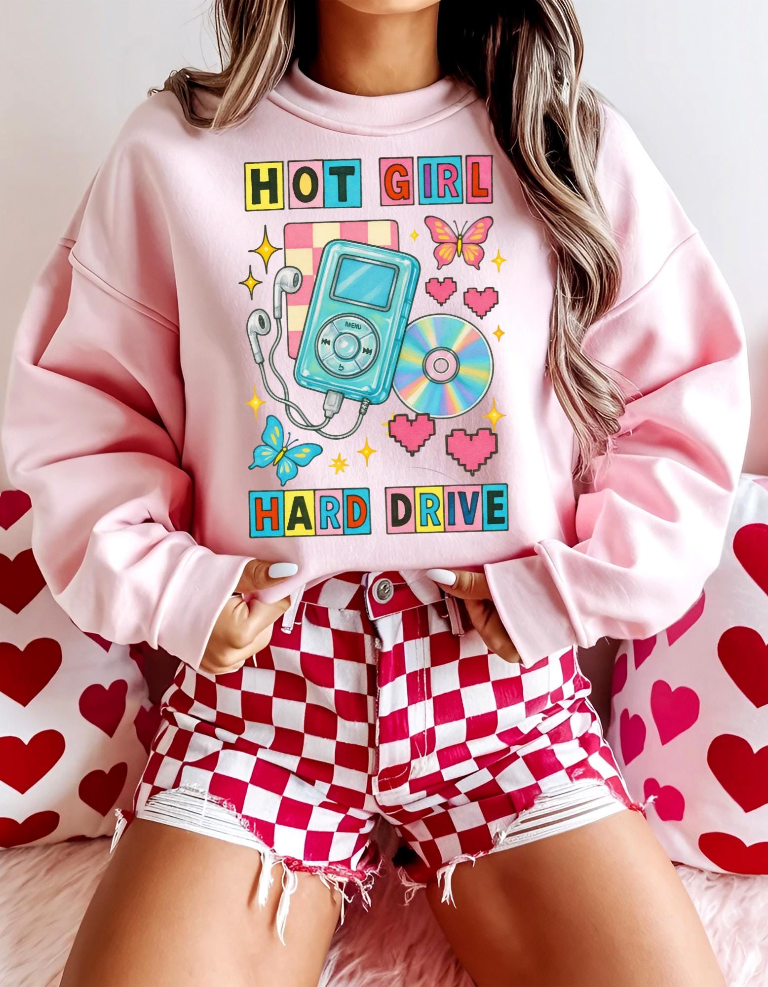 Hot Girl Hard Drive Crewneck Sweatshirt | Retro MP3 Player CD Butterflies Graphic Streetwear