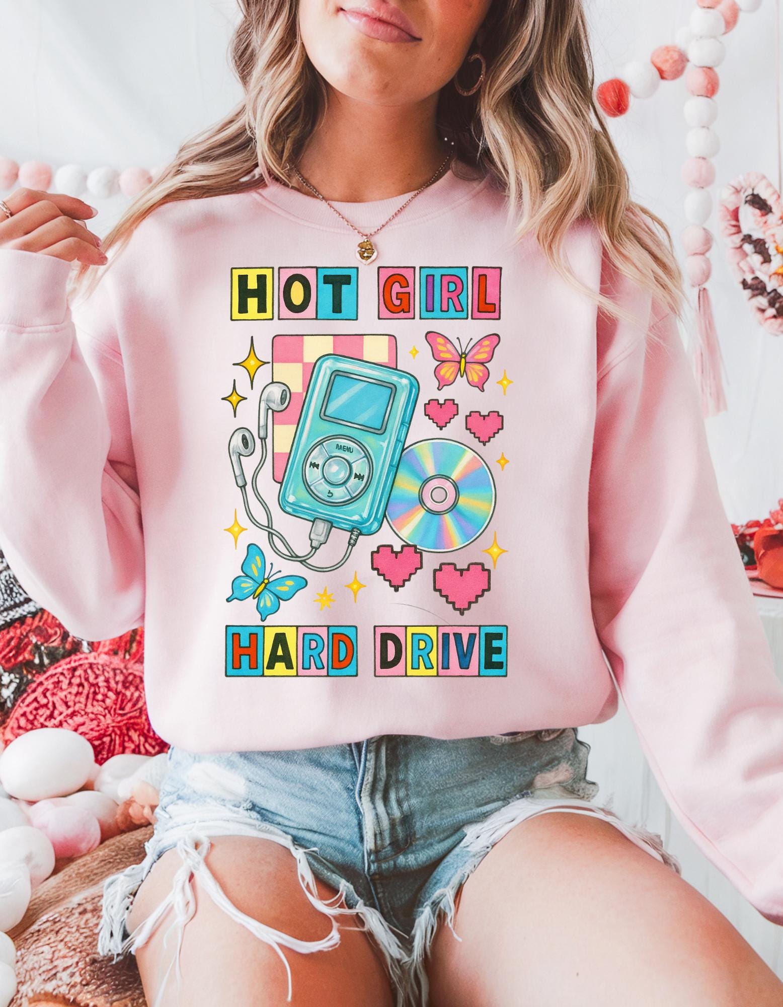 Hot Girl Hard Drive Crewneck Sweatshirt | Retro MP3 Player CD Butterflies Graphic Streetwear