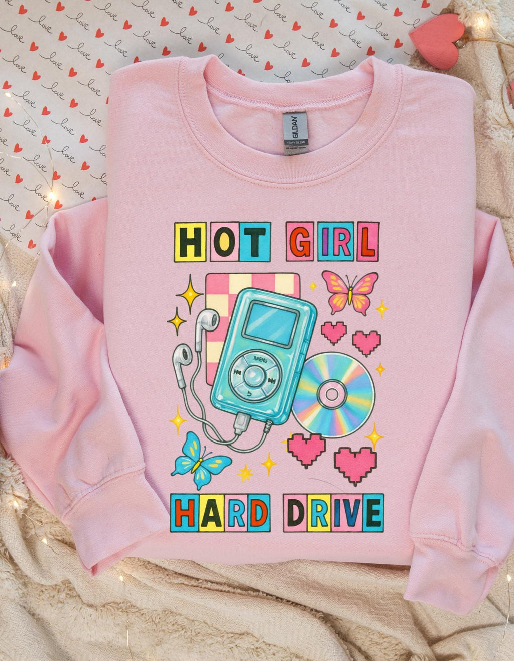 Hot Girl Hard Drive Crewneck Sweatshirt | Retro MP3 Player CD Butterflies Graphic Streetwear
