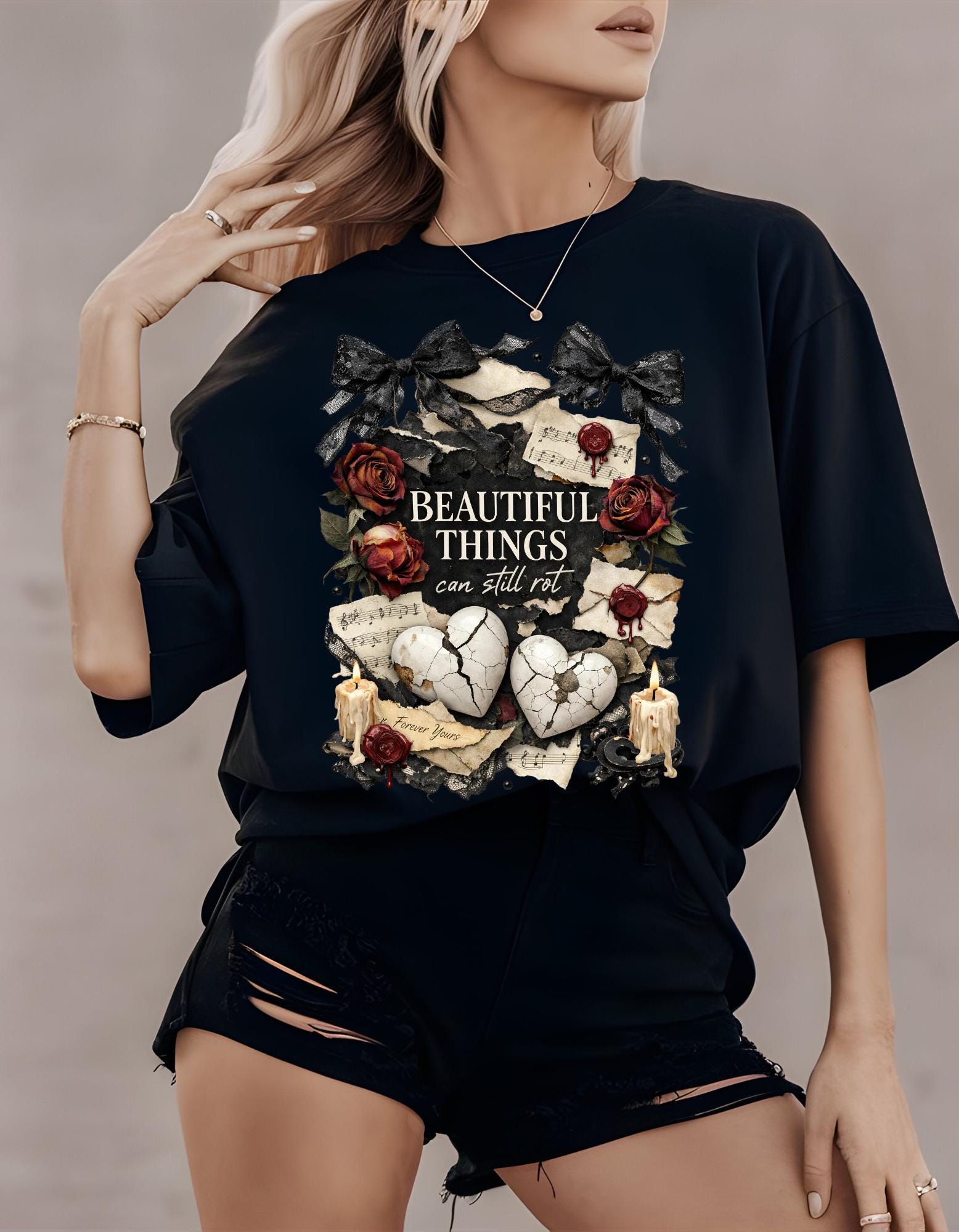 Beautiful Things Broken Hearts Tee | Vintage Roses, Candles, Gothic Skull Art