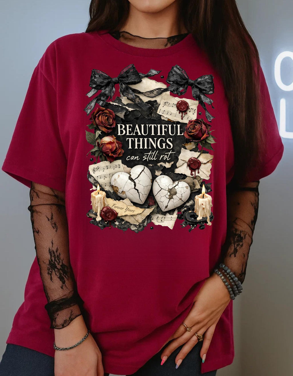 Beautiful Things Broken Hearts Tee | Vintage Roses, Candles, Gothic Skull Art