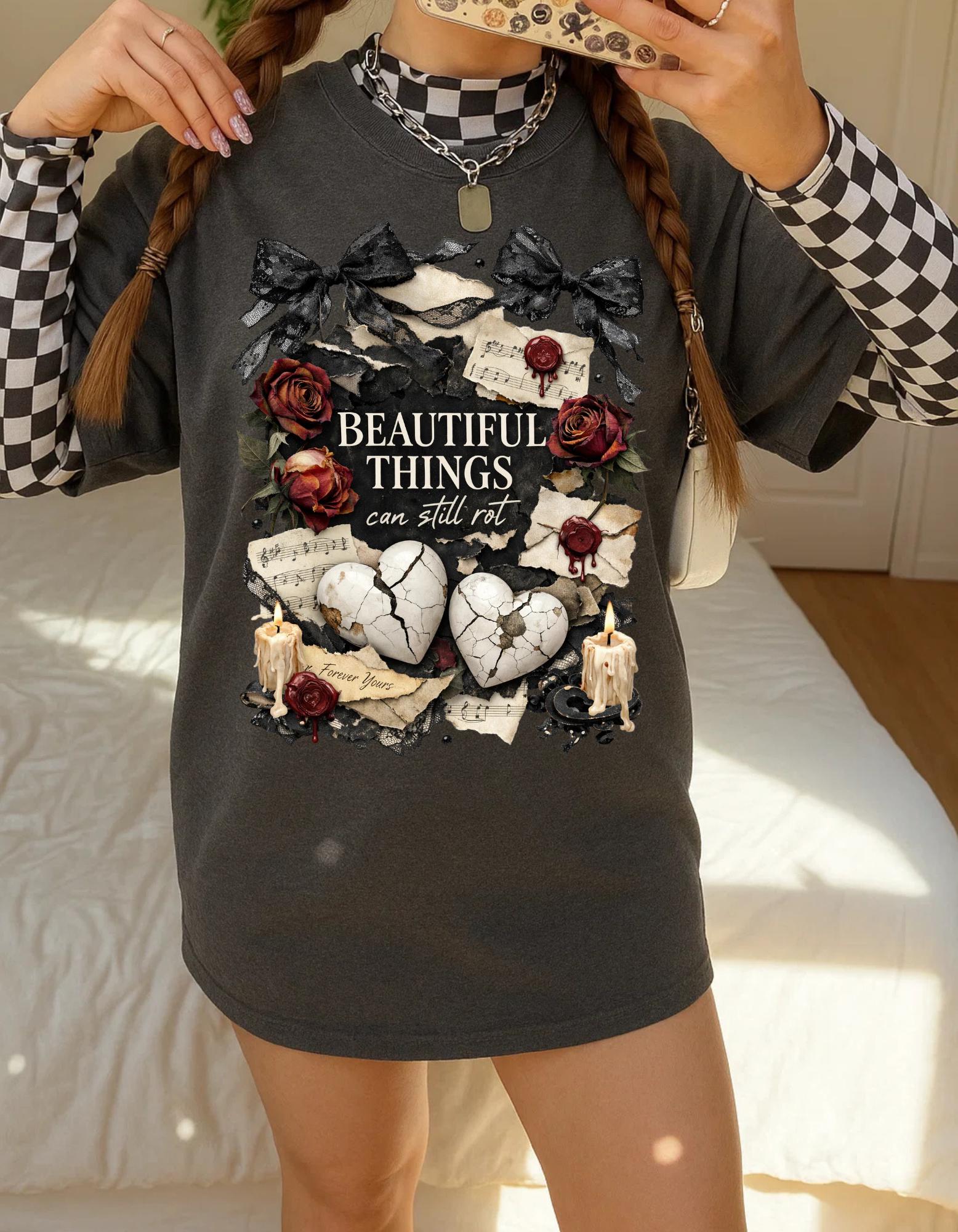 Beautiful Things Broken Hearts Tee | Vintage Roses, Candles, Gothic Skull Art