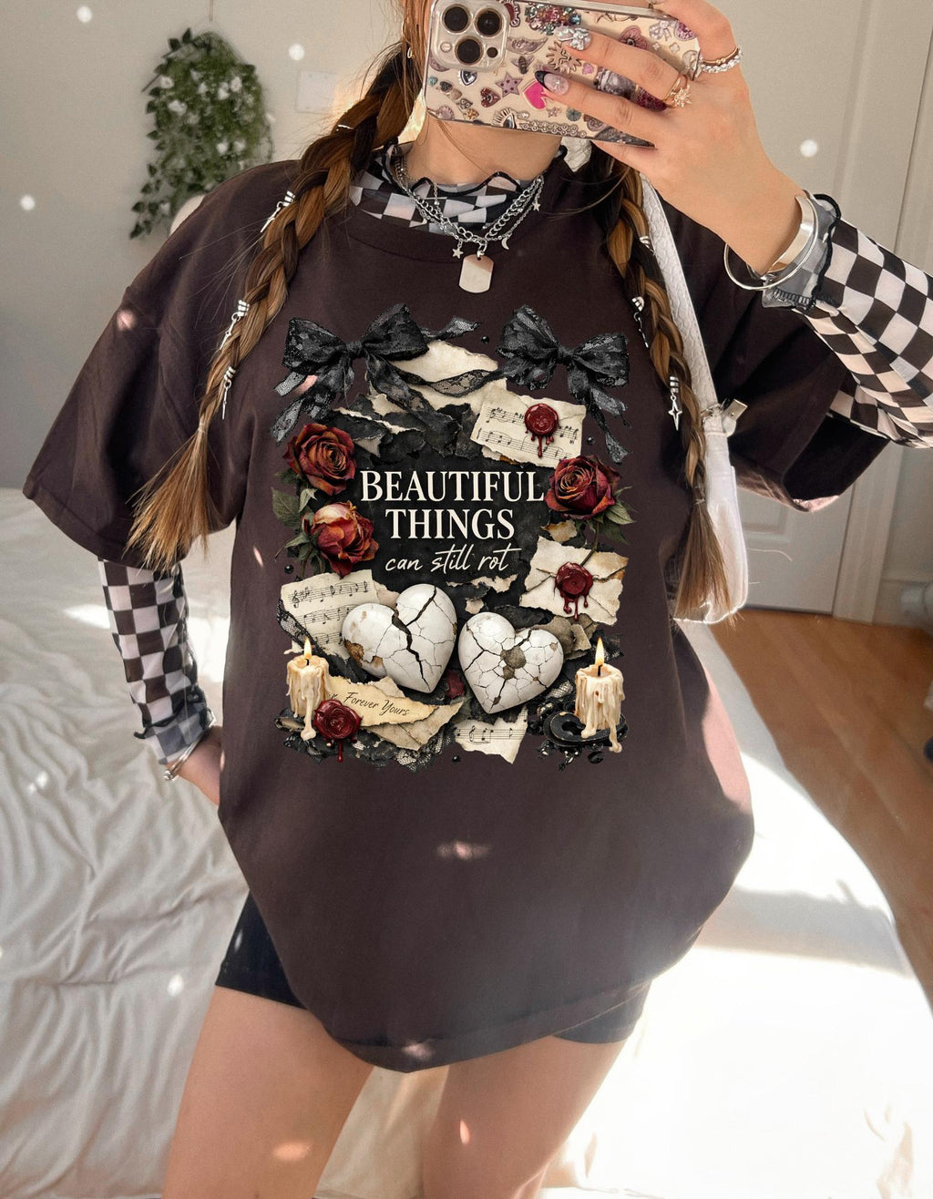 Beautiful Things Broken Hearts Tee | Vintage Roses, Candles, Gothic Skull Art