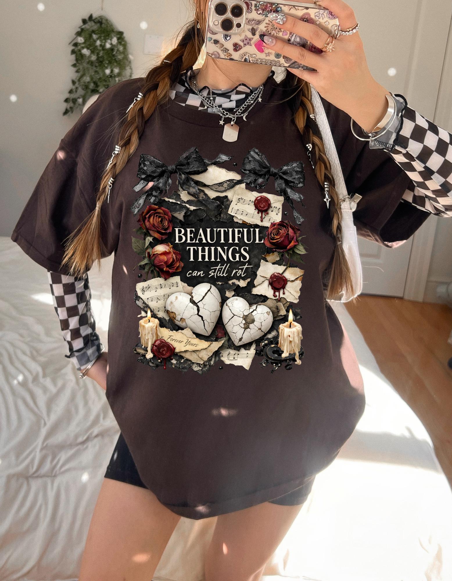 Beautiful Things Broken Hearts Tee | Vintage Roses, Candles, Gothic Skull Art