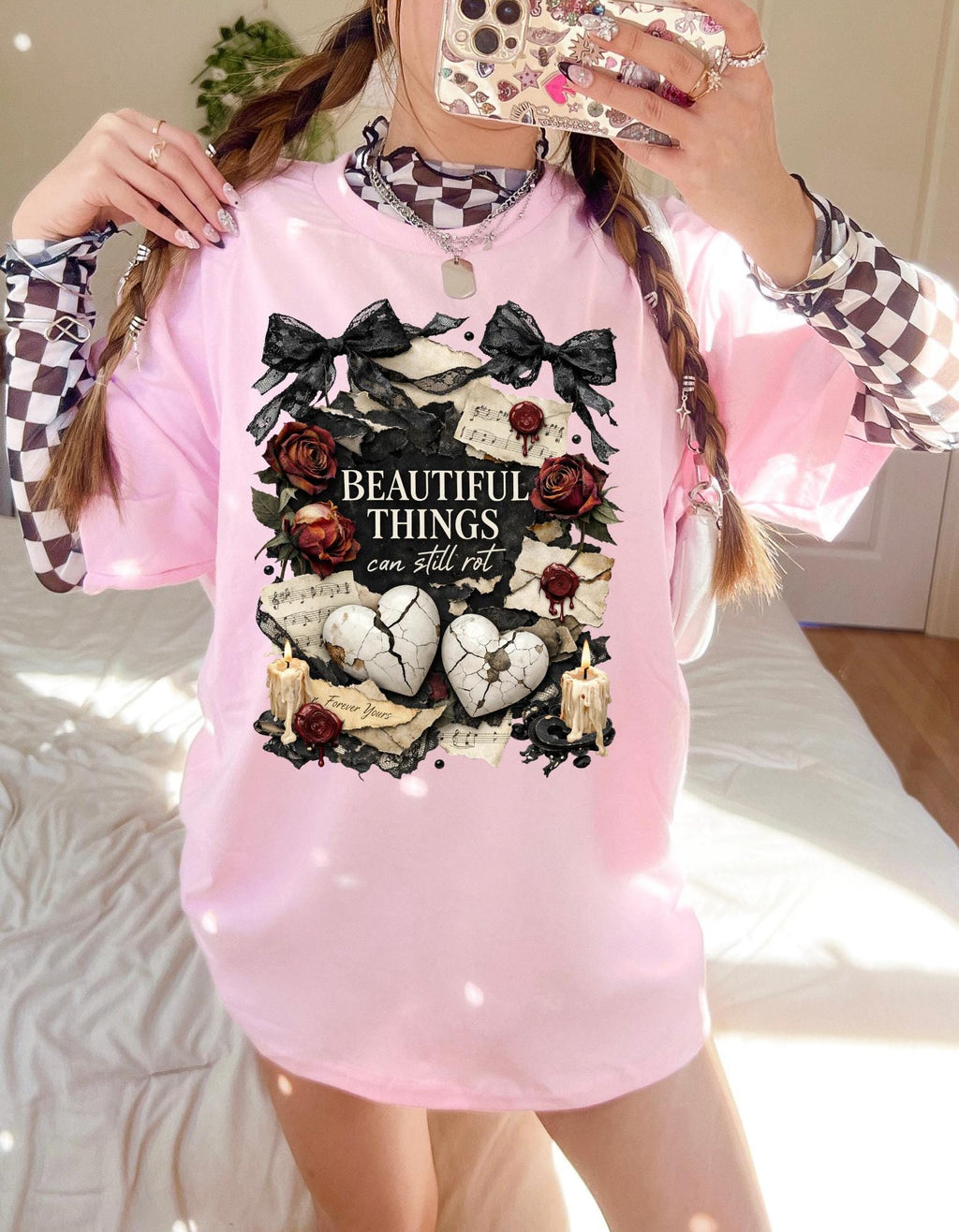 Beautiful Things Broken Hearts Tee | Vintage Roses, Candles, Gothic Skull Art