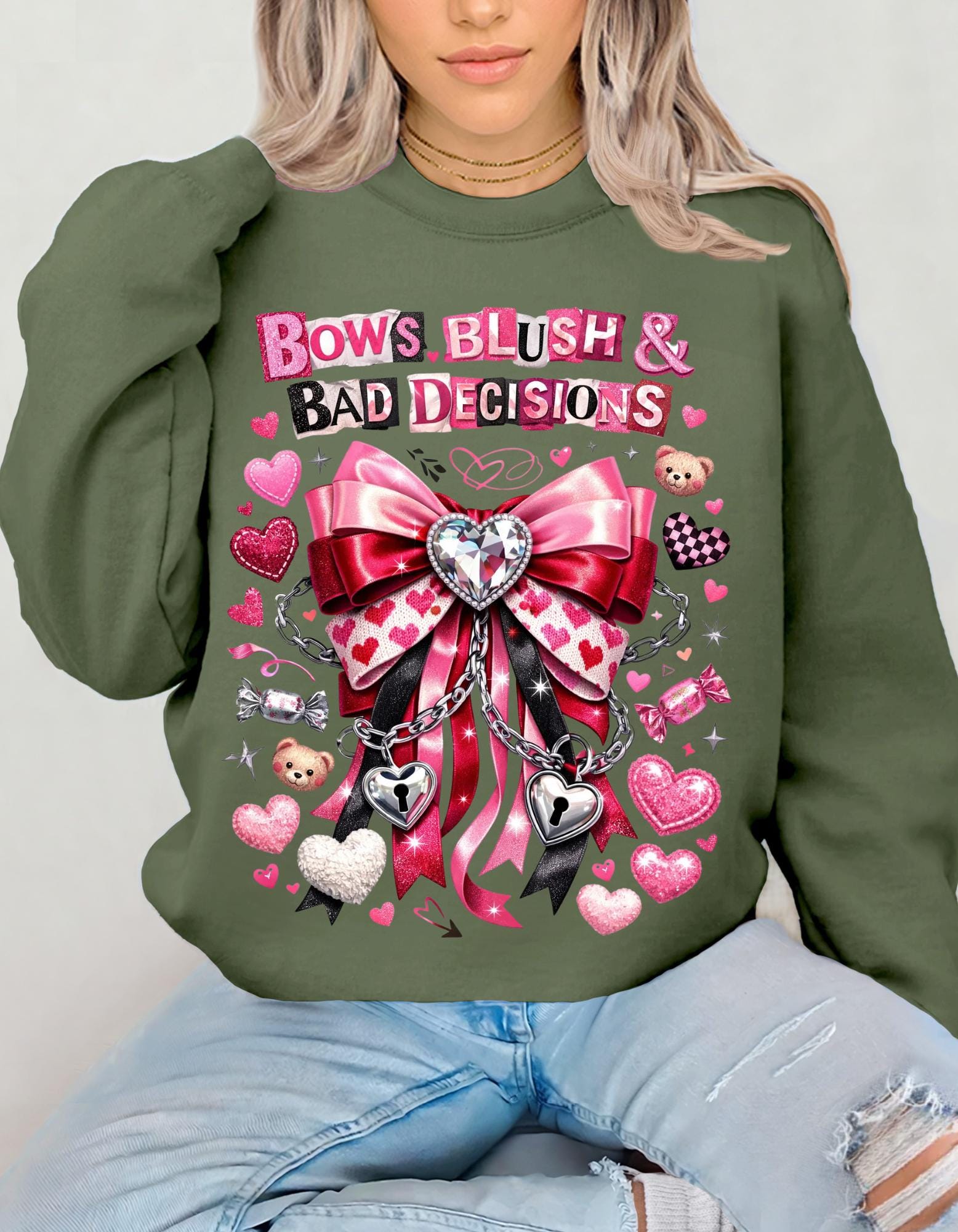 Bows Blush Bad Decisions Sweatshirt Coquette Girlfriend Vibes Cute Romantic Gift Pink Cozy Crewneck