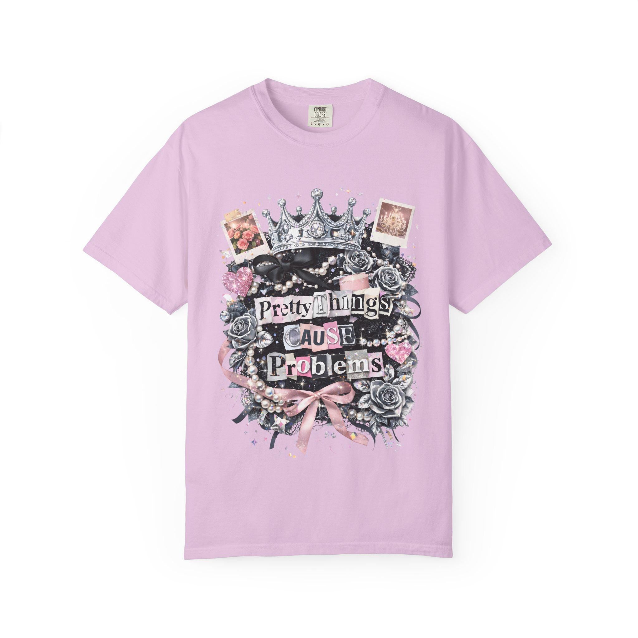 Pretty Things Cause Problems T-shirt | Crown, Roses, Pink Ribbon, Gothic Vintage