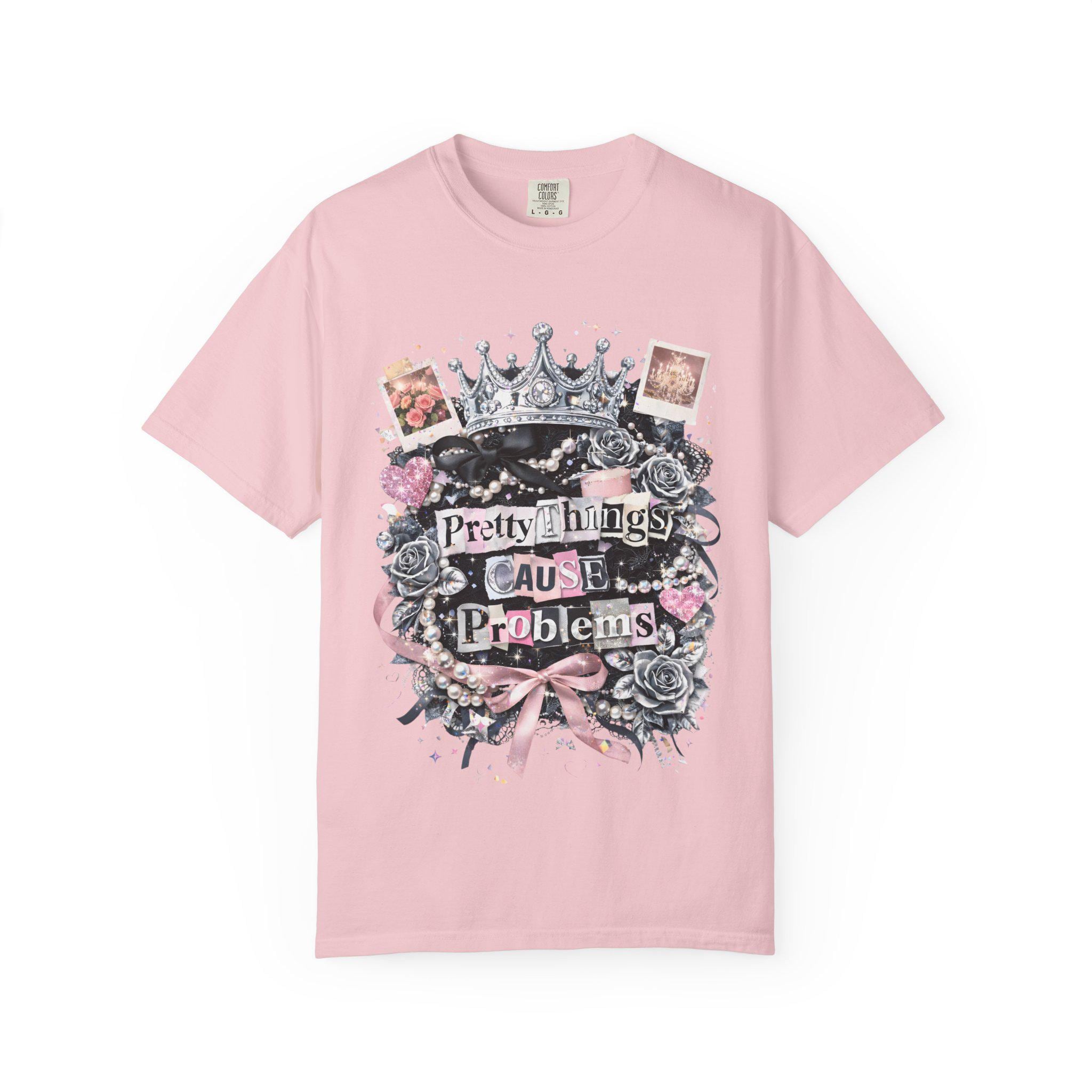 Pretty Things Cause Problems T-shirt | Crown, Roses, Pink Ribbon, Gothic Vintage