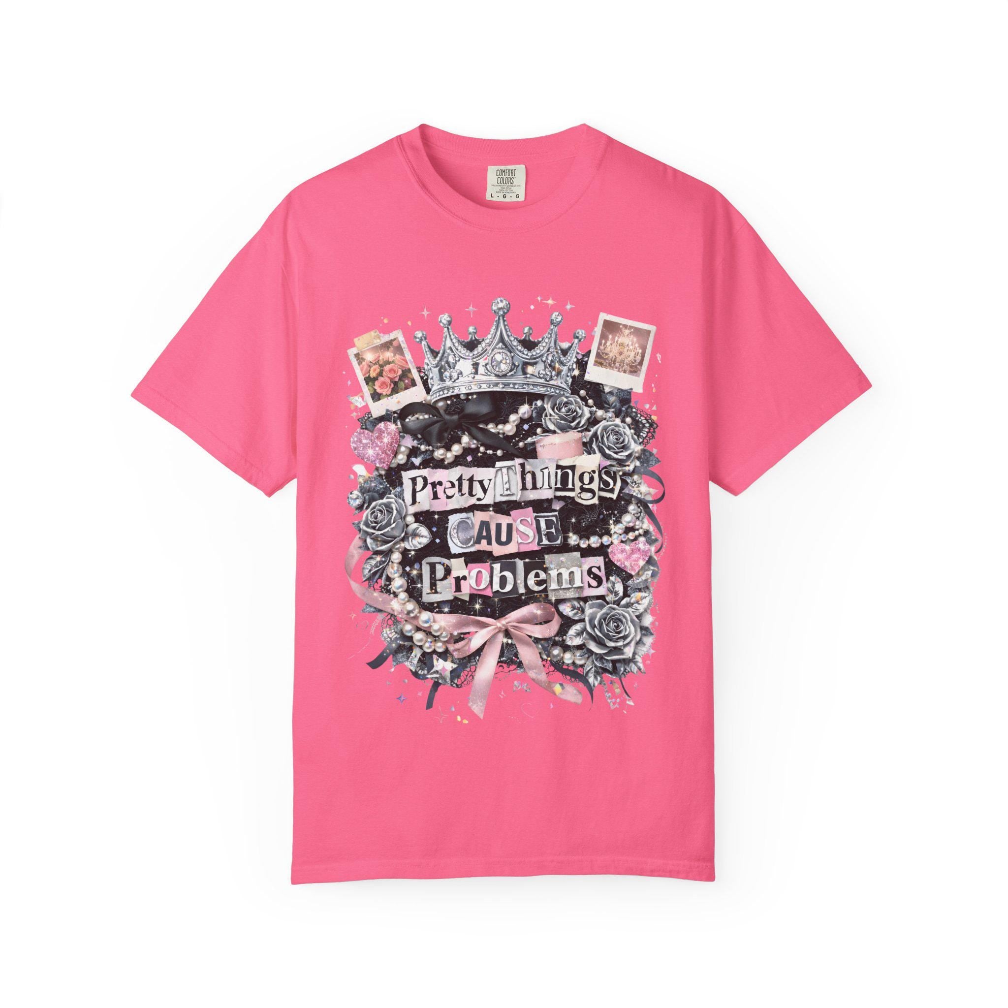 Pretty Things Cause Problems T-shirt | Crown, Roses, Pink Ribbon, Gothic Vintage
