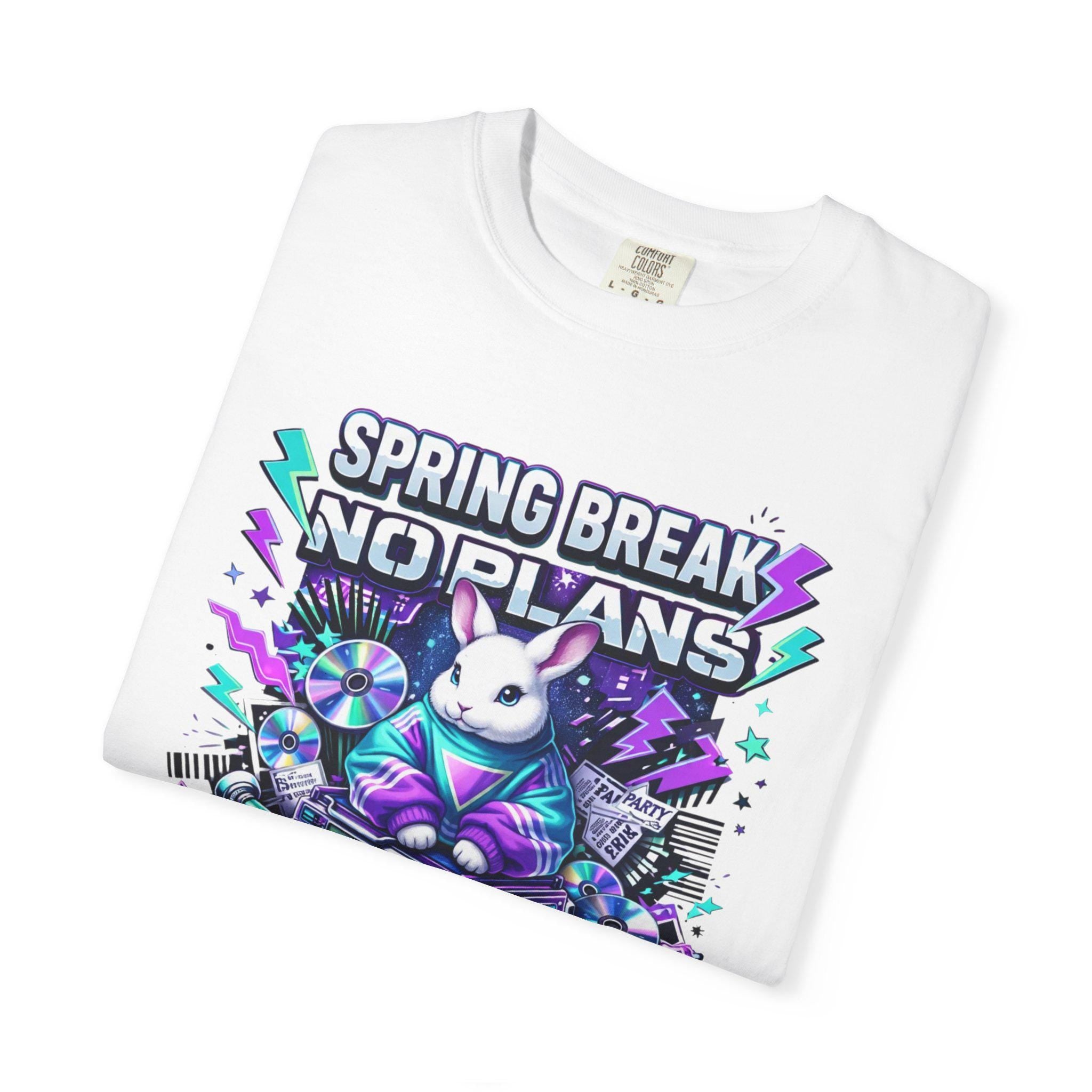 Spring Break No Plans bunny DJ T-shirt | retro cassette boombox party design