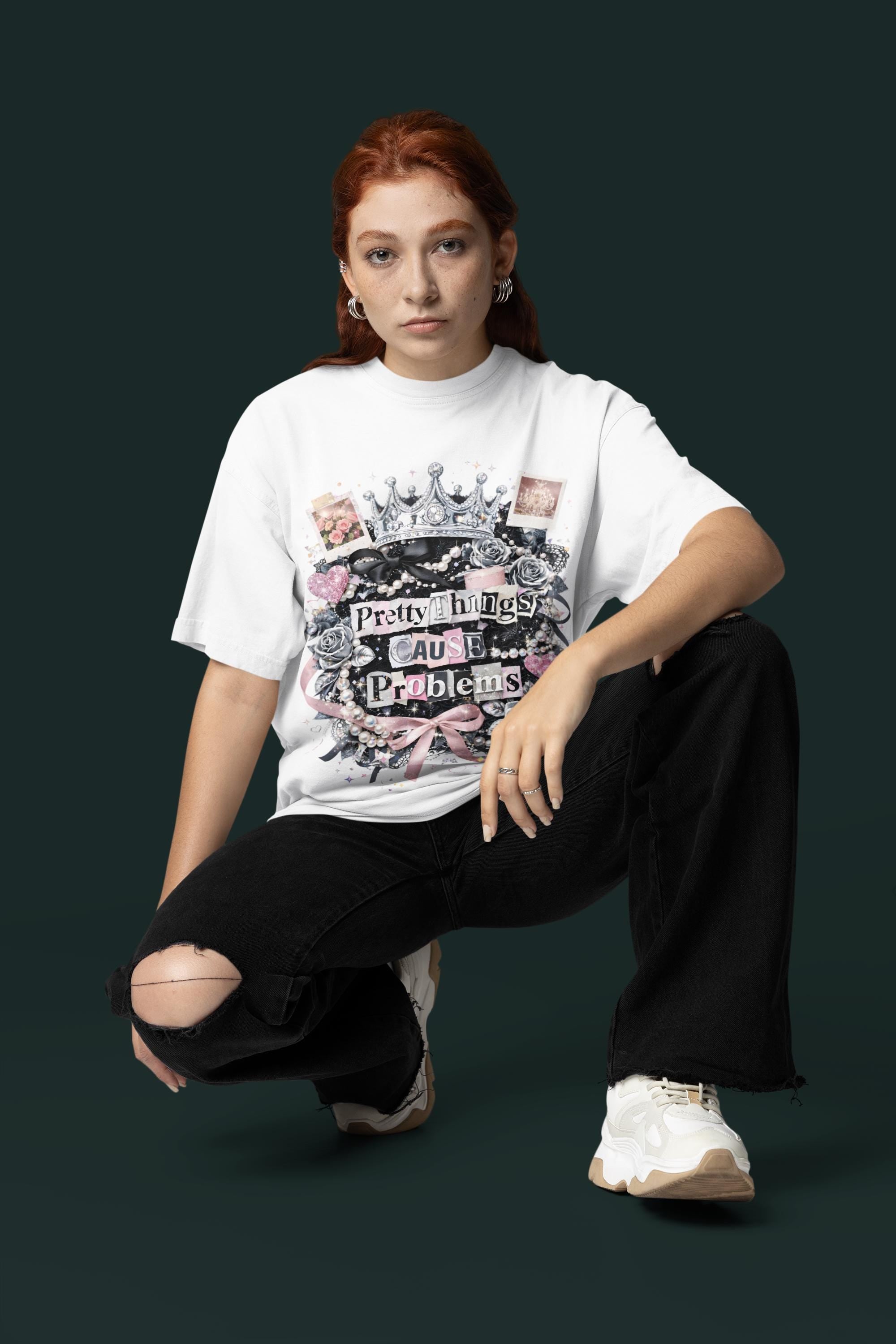 Pretty Things Cause Problems T-shirt | Crown, Roses, Pink Ribbon, Gothic Vintage