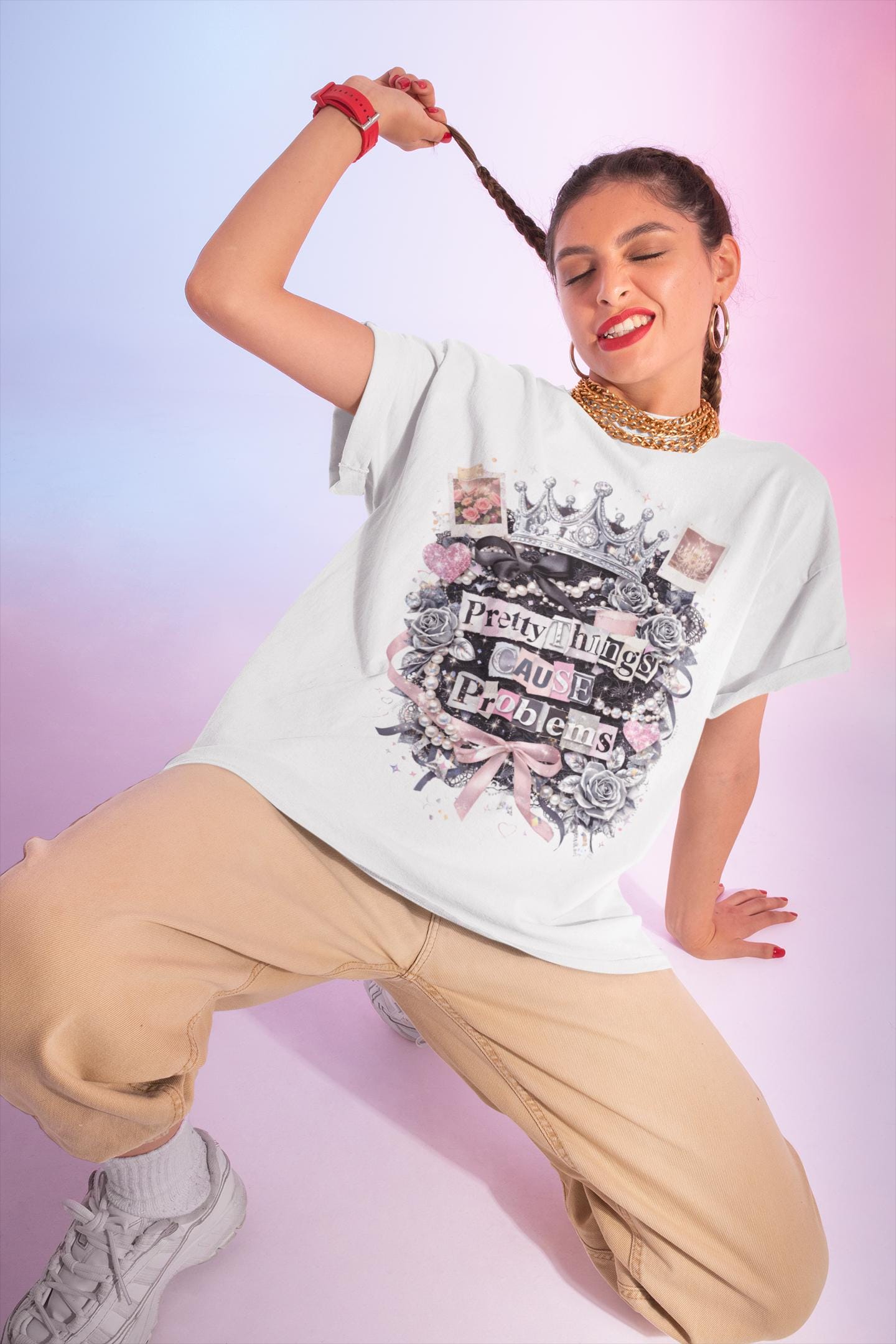 Pretty Things Cause Problems T-shirt | Crown, Roses, Pink Ribbon, Gothic Vintage