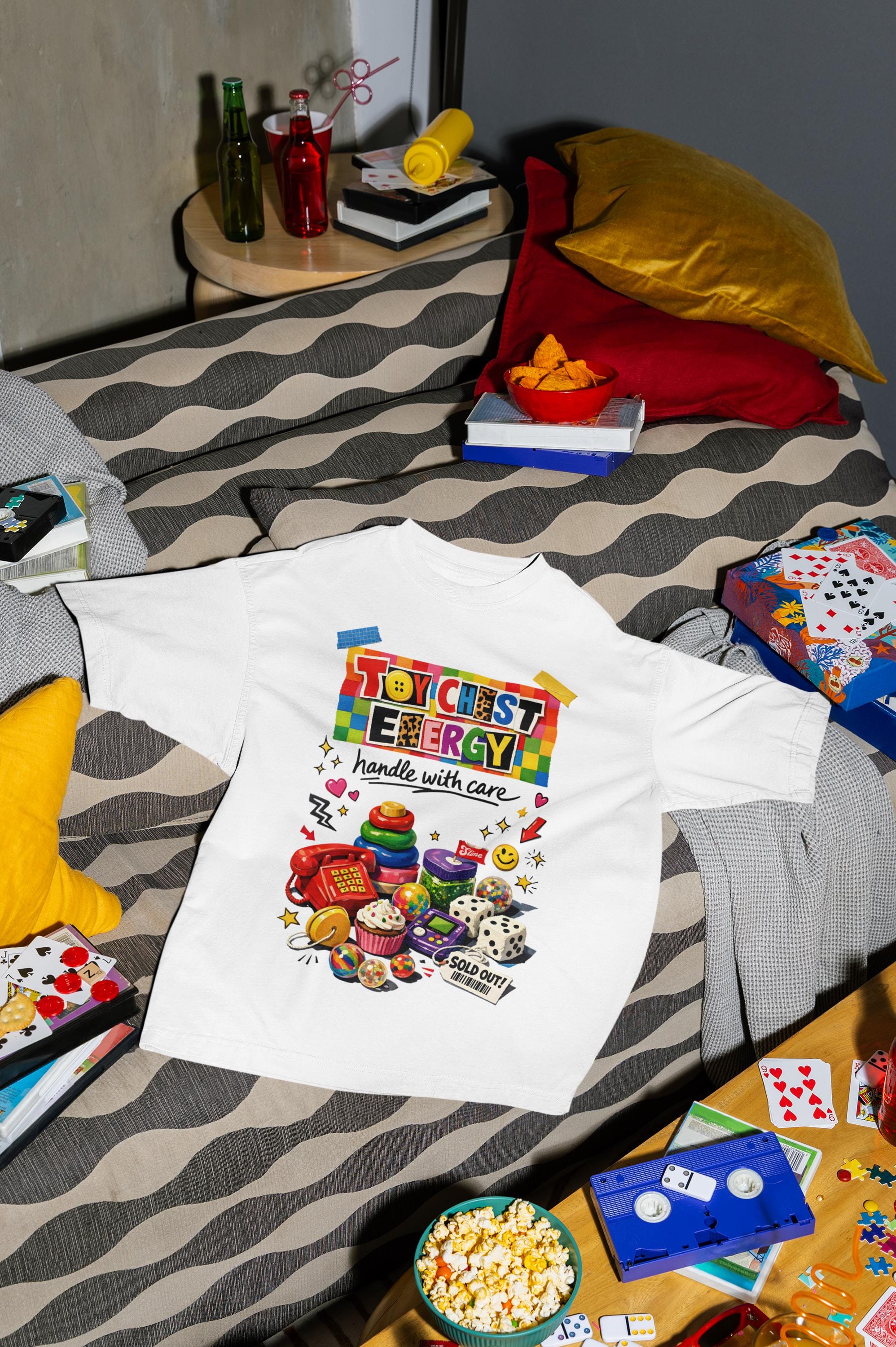 Toy Chest Energy T-shirt | colorful vintage toy stack graphic