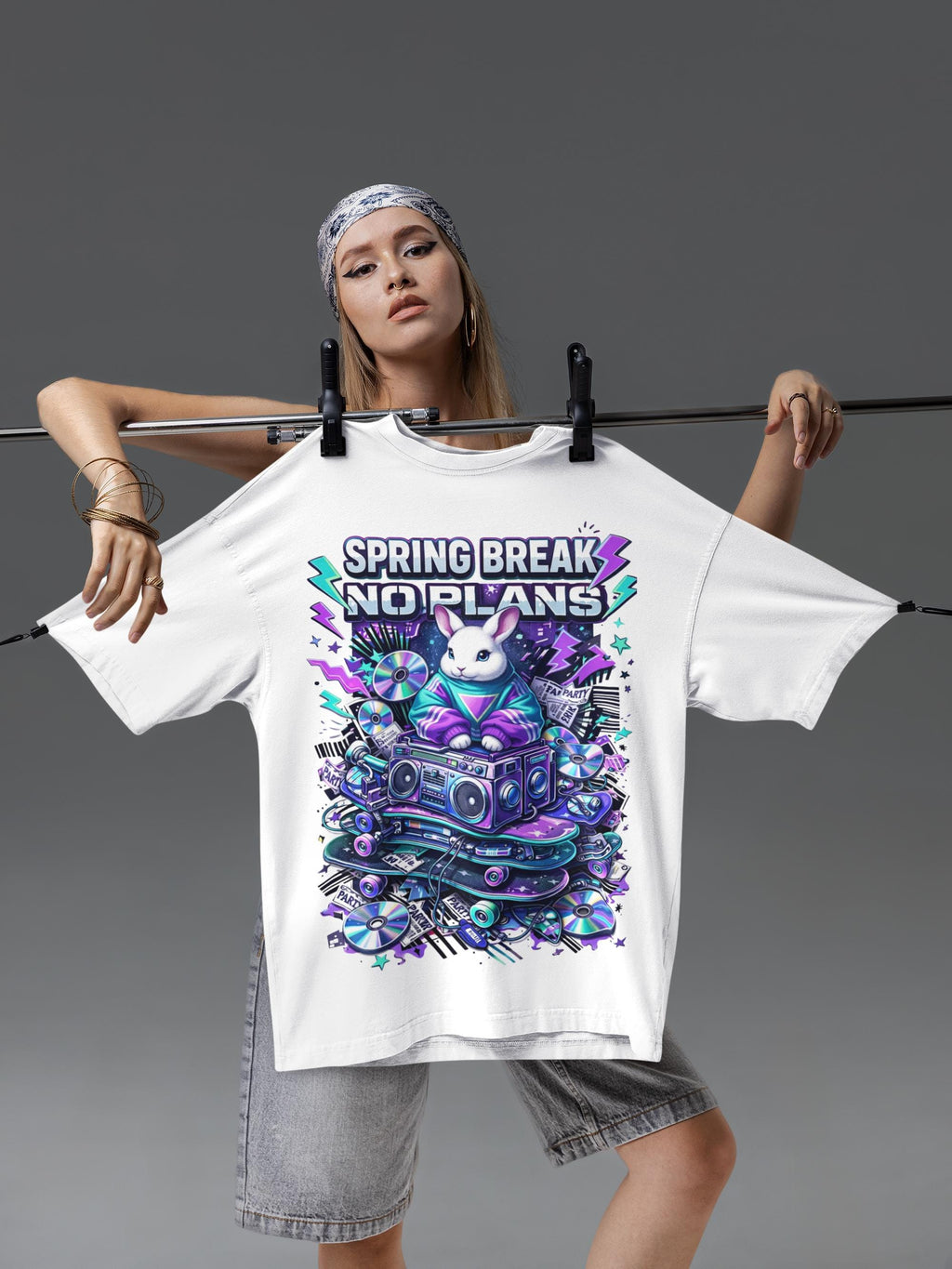 Spring Break No Plans bunny DJ T-shirt | retro cassette boombox party design