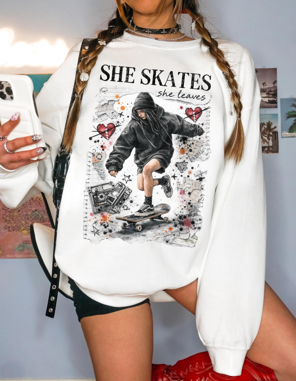 90s Grunge Skater Girl Crewneck Sweatshirt | Retro Skate Graphic