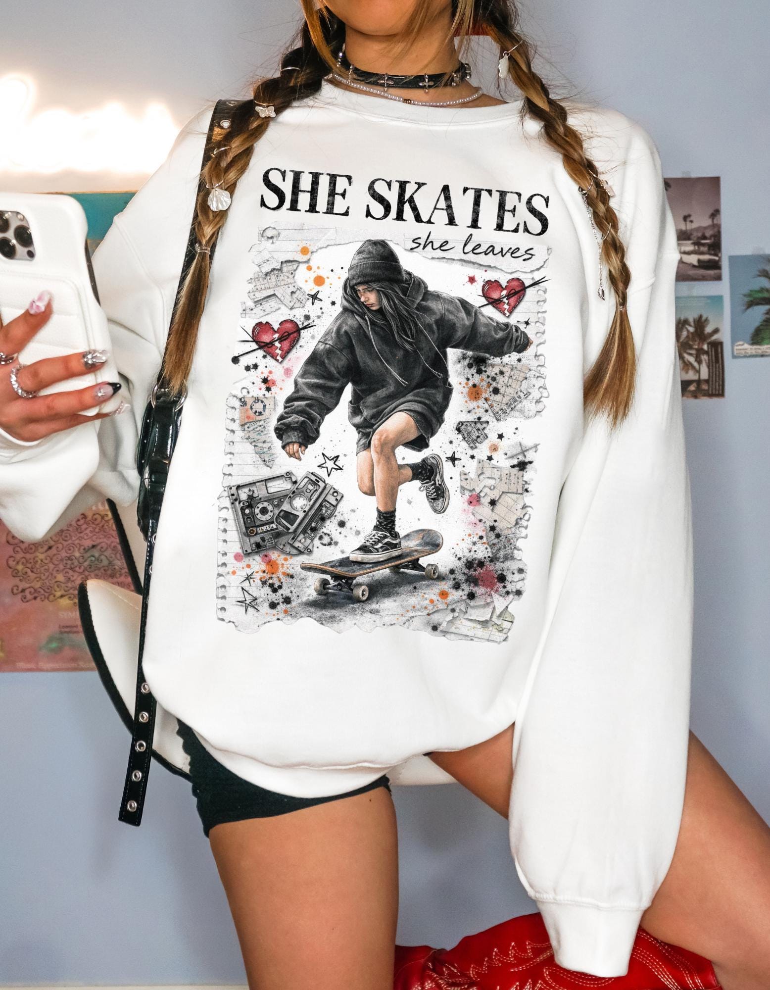 90s Grunge Skater Girl Crewneck Sweatshirt | Retro Skate Graphic