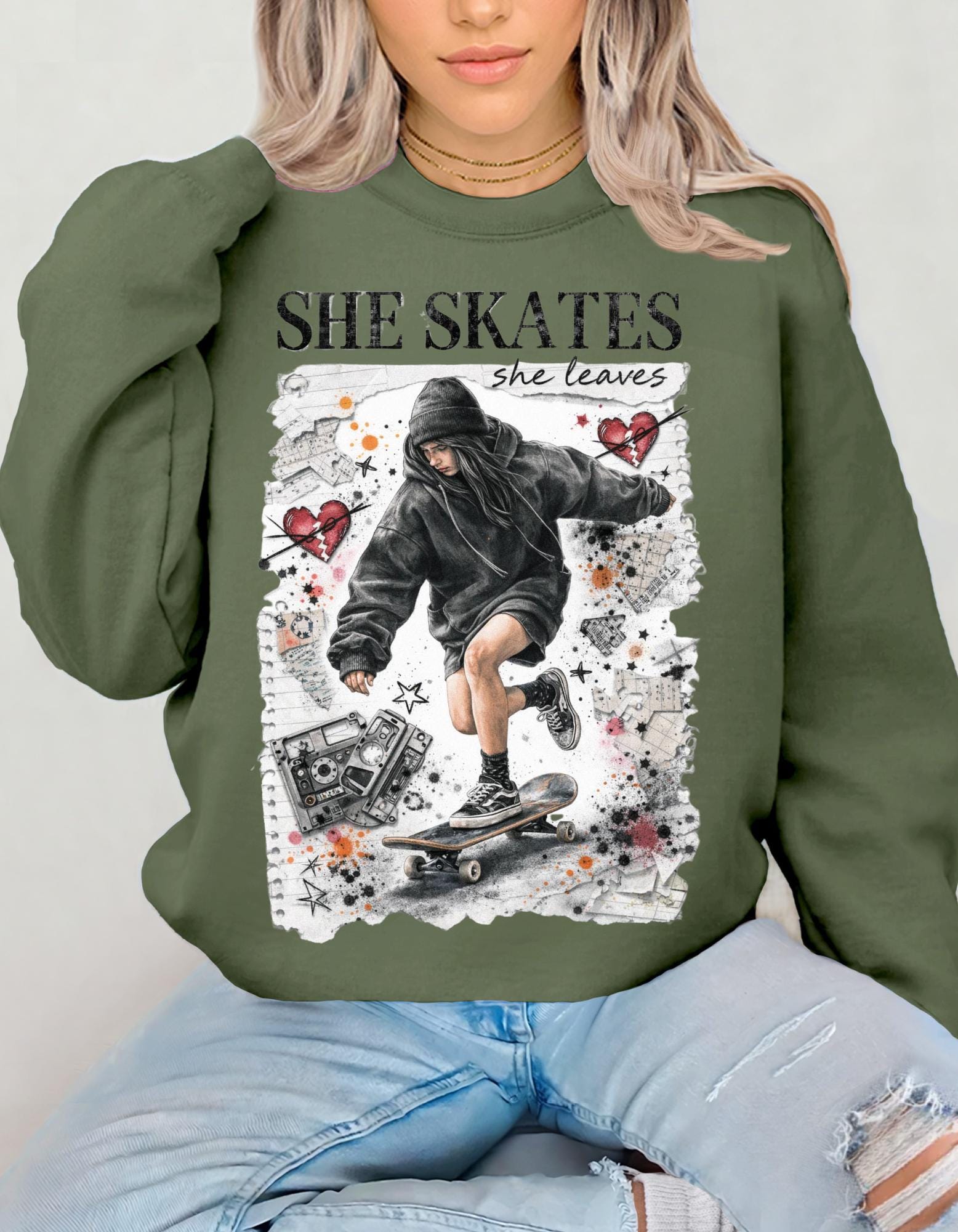 90s Grunge Skater Girl Crewneck Sweatshirt | Retro Skate Graphic
