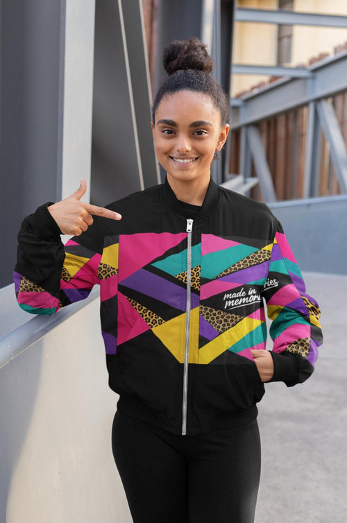 Colorblock Leopard Collage Retro 90s Geometric Bomber Jacket