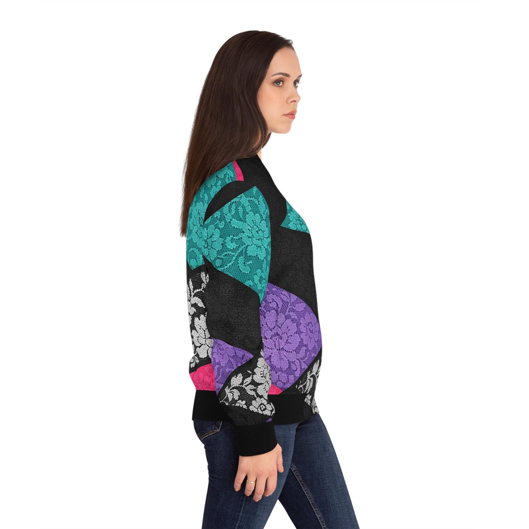 Retro Neon Memphis Pattern Bomber Jacket | Purple Teal Lightning Waves