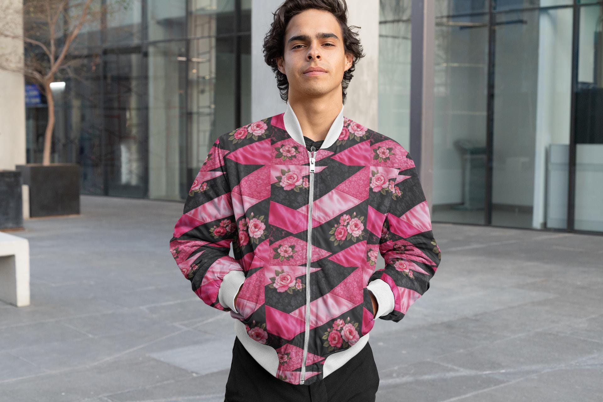Pink Floral Color Block Bomber Jacket – Retro Silk-Style Windbreaker